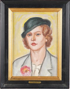 Antique American School Modernist Art Deco Woman Portrait Framed Oil Painting
