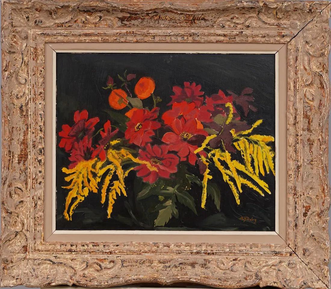 Antico dipinto ad olio incorniciato di scuola americana modernista con una natura morta floreale in grassetto - Painting di Unknown