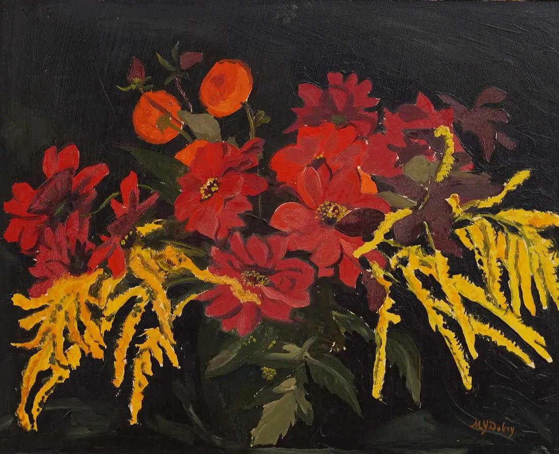 Antico dipinto ad olio incorniciato di scuola americana modernista con una natura morta floreale in grassetto - Painting Moderno di Unknown