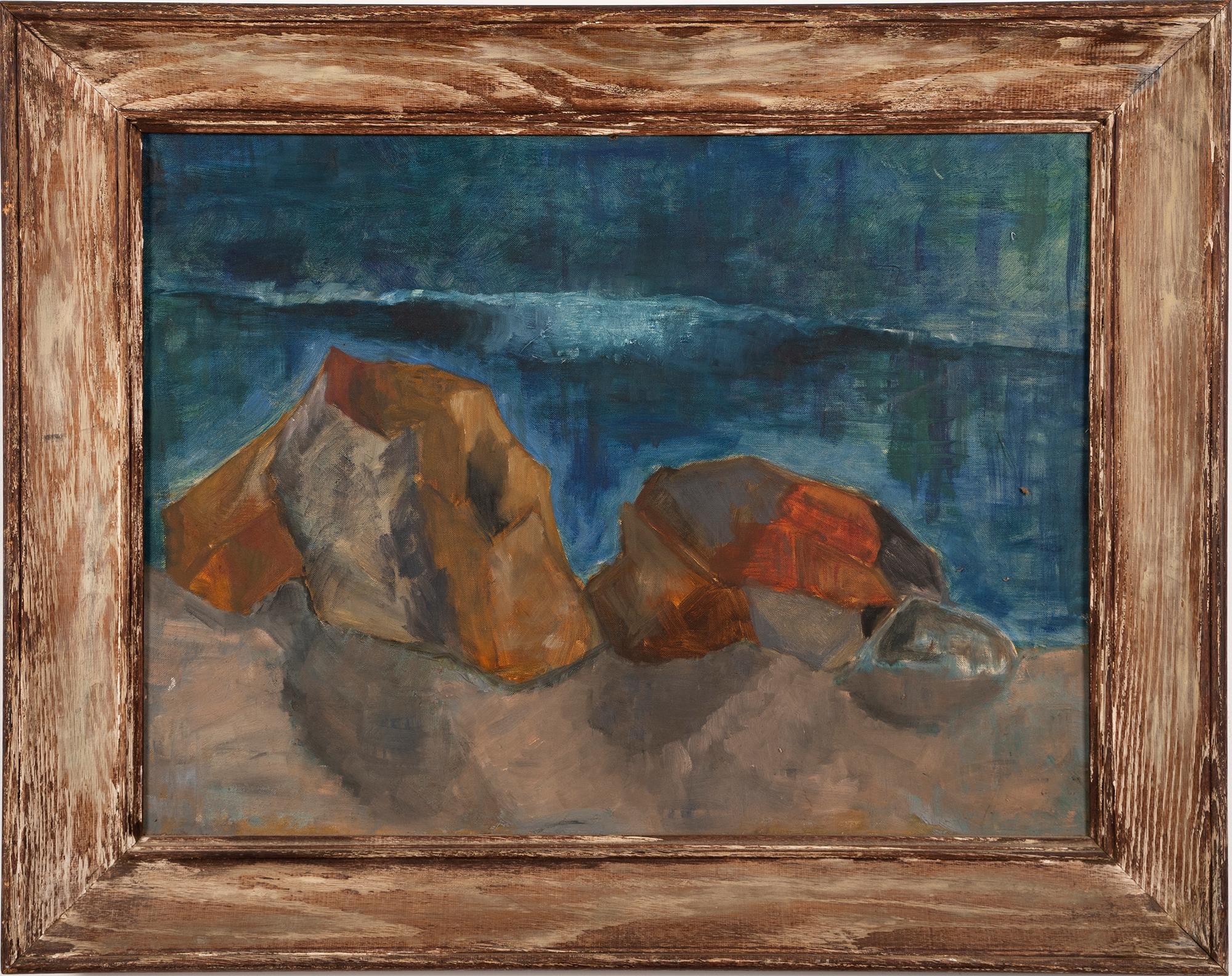 Antico dipinto a olio di scuola americana modernista sulla spiaggia costiera dell'oceano, astratto e roccioso - Painting di Unknown