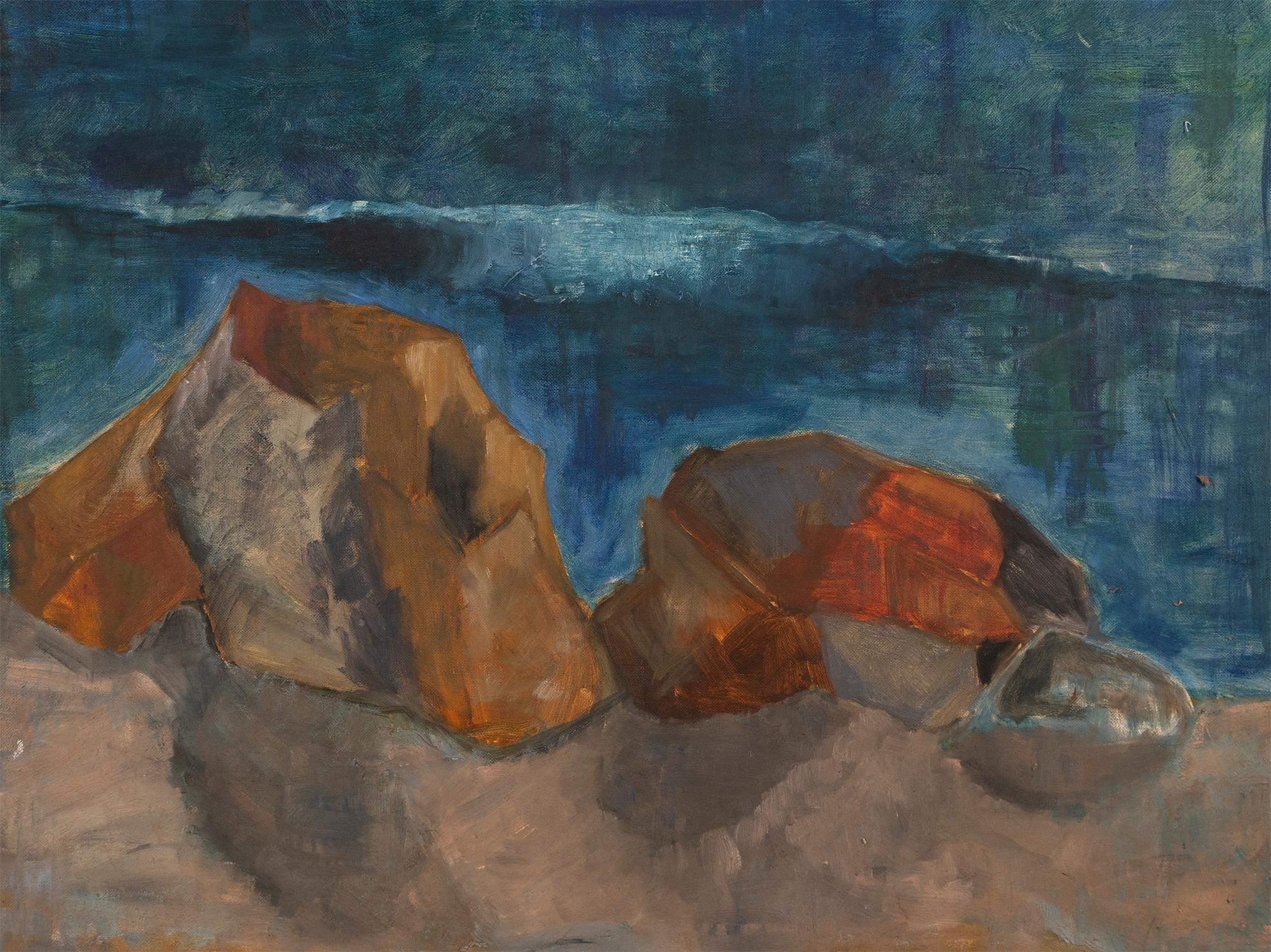 Antico dipinto a olio di scuola americana modernista sulla spiaggia costiera dell'oceano, astratto e roccioso - Abstract Painting Grigio di Unknown