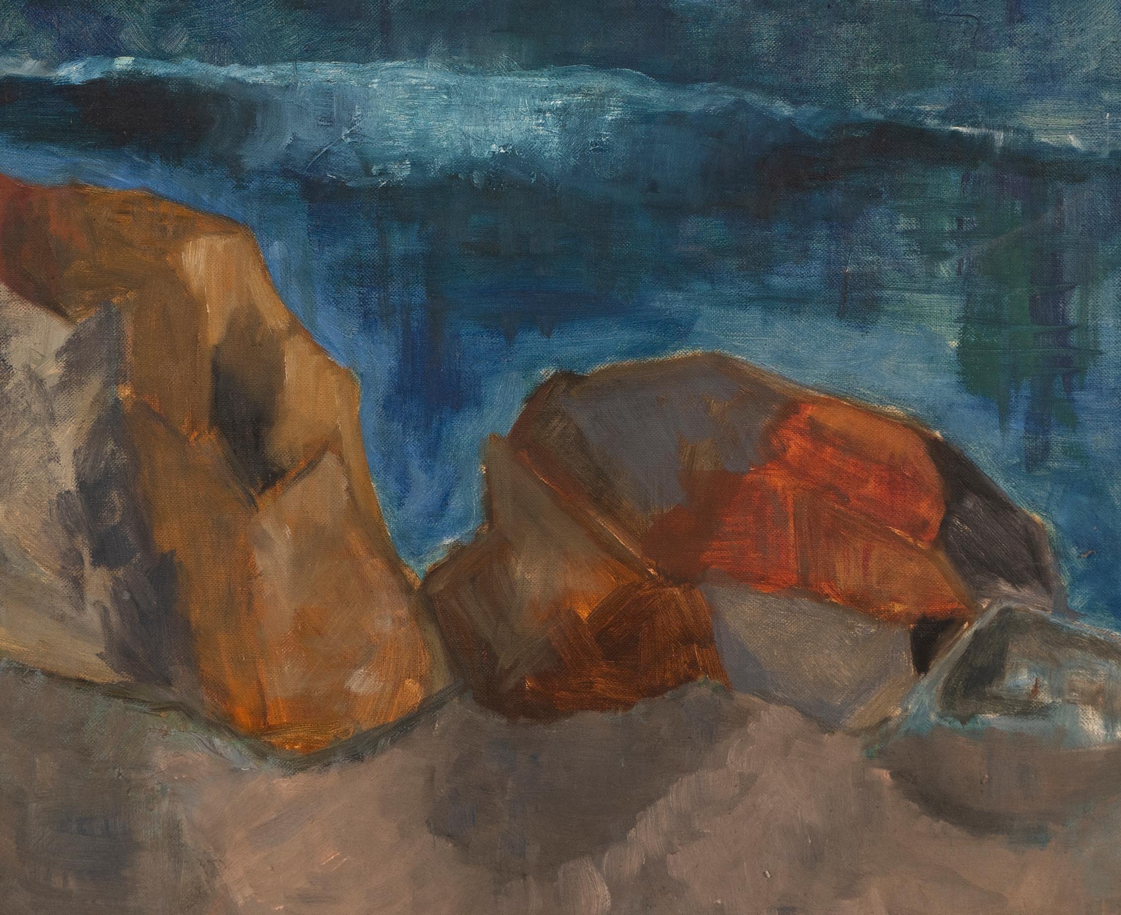 Antico dipinto ad olio americano modernista sulla spiaggia.  Olio su tavola, 1930 circa.  Firmato sul verso.  Dimensioni dell'immagine, 24L x 18H.  Incorniciato in una cornice d'epoca.