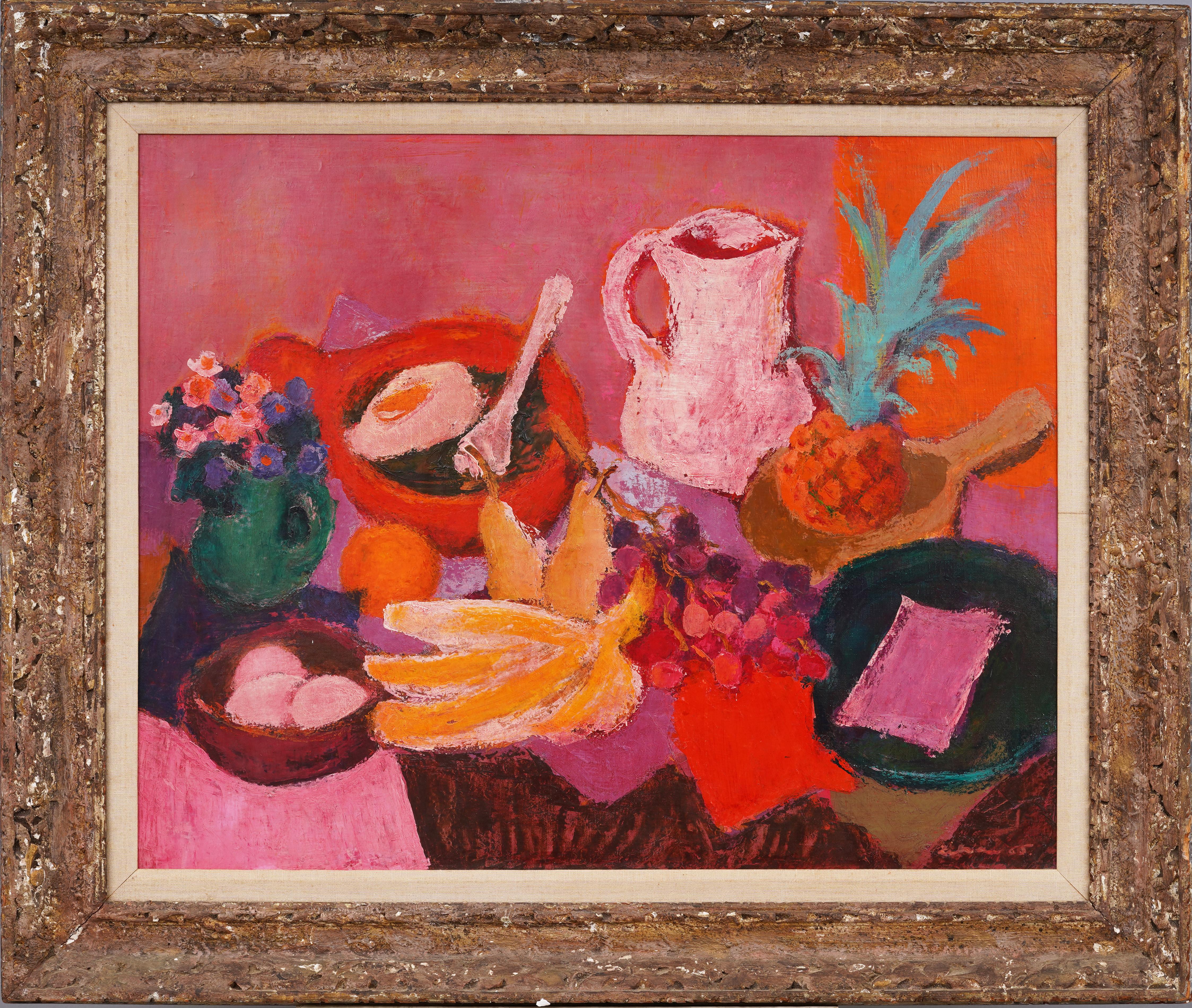 Antique American School Modernist Fauvist Interior Still Life Abstract Painting