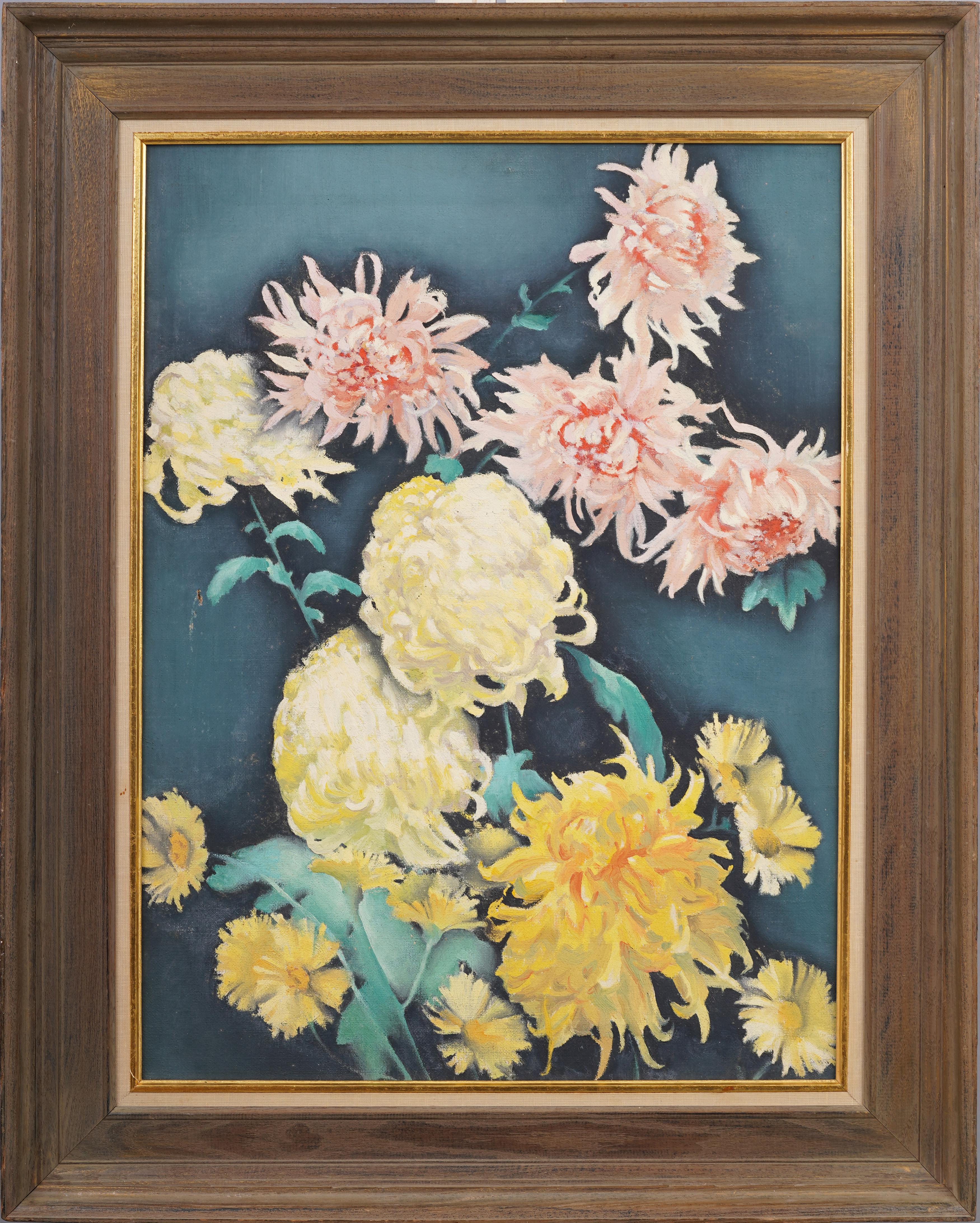 Antikes gerahmtes Vintage-Ölgemälde, modernistisches Blumenstillleben der amerikanischen Schule, gerahmt – Painting von Unknown