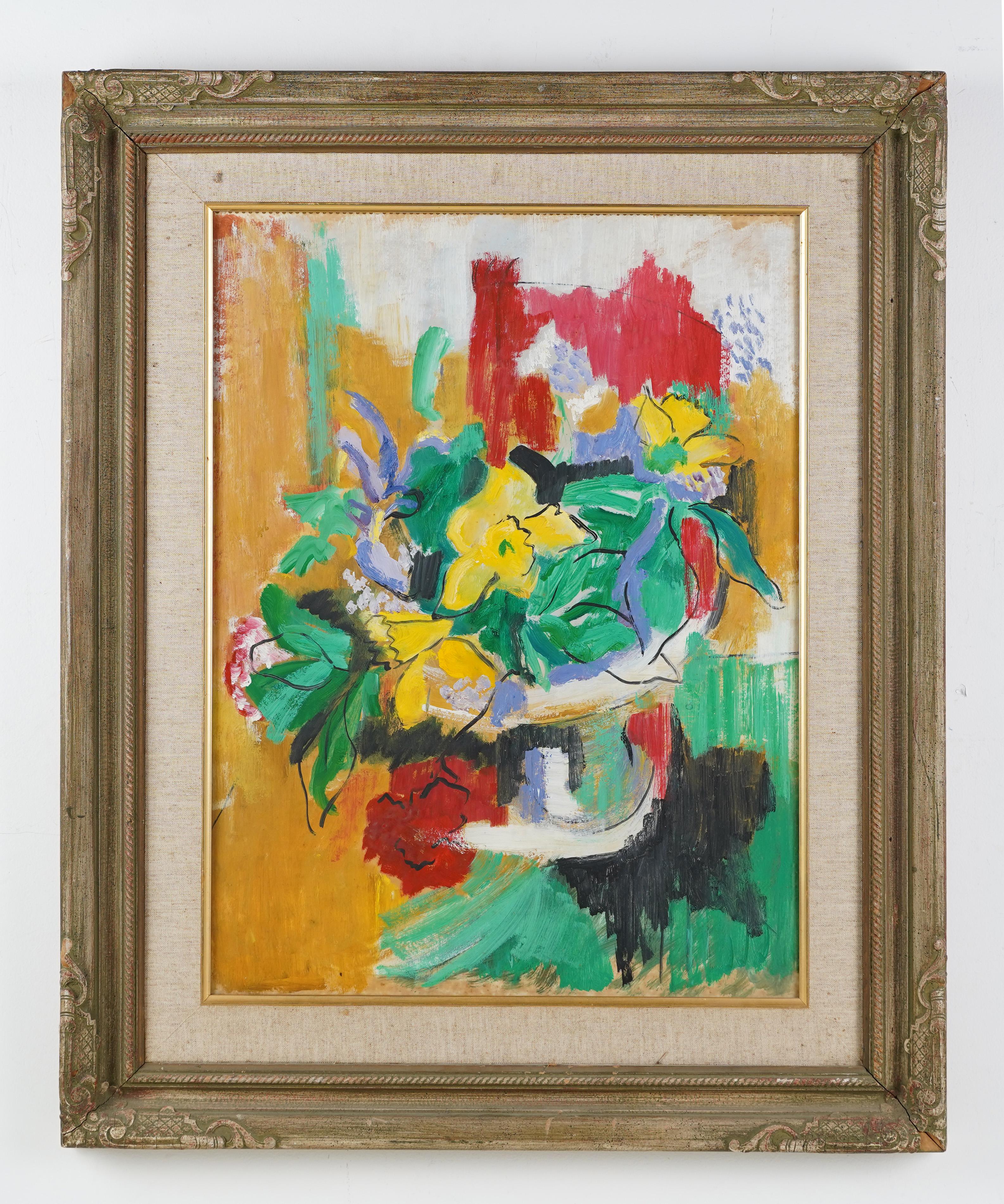 Antique American modernist still life painting. Oil and gouache on board, circa 1940.  Housed in a period modernist frame.   Image size, 24L x 18H. 
