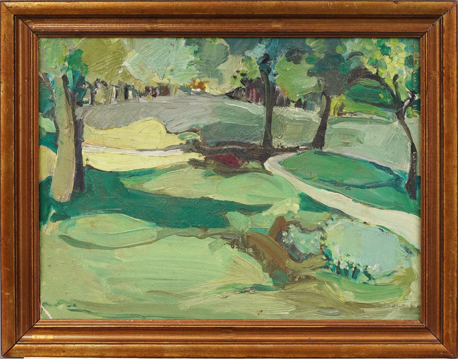 Antike amerikanische Schule Modernist gerahmte abstrakte Landschaft Ölgemälde – Painting von Unknown