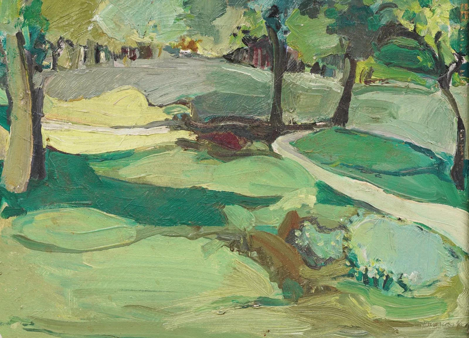Antike amerikanische Schule Modernist gerahmte abstrakte Landschaft Ölgemälde (Moderne), Painting, von Unknown