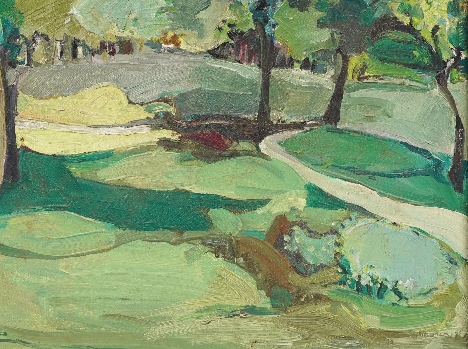Antike amerikanische Schule Modernist gerahmte abstrakte Landschaft Ölgemälde (Braun), Abstract Painting, von Unknown