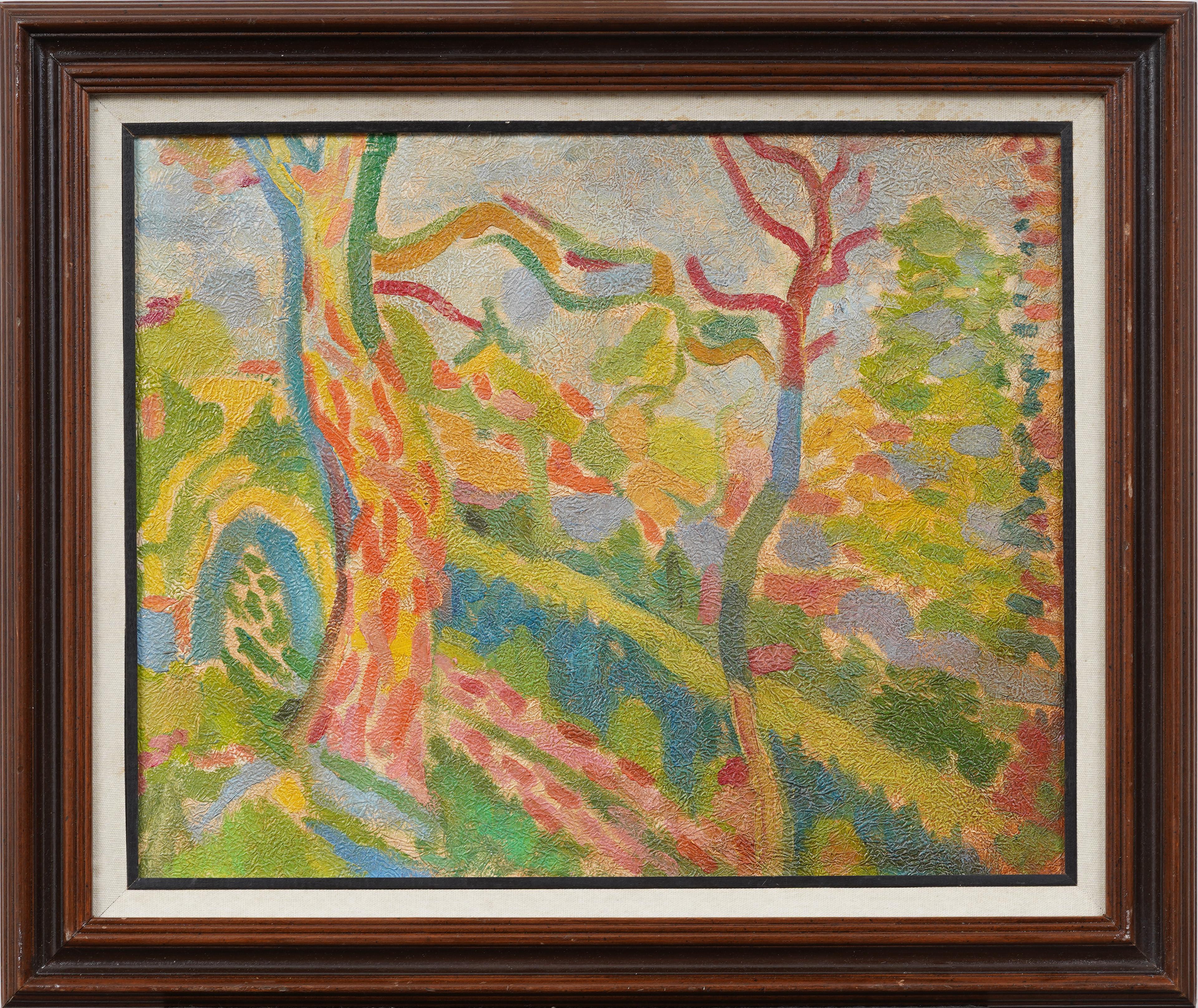 Antico dipinto ad olio di scuola americana modernista con cornice, paesaggio forestale fauvista - Painting di Unknown