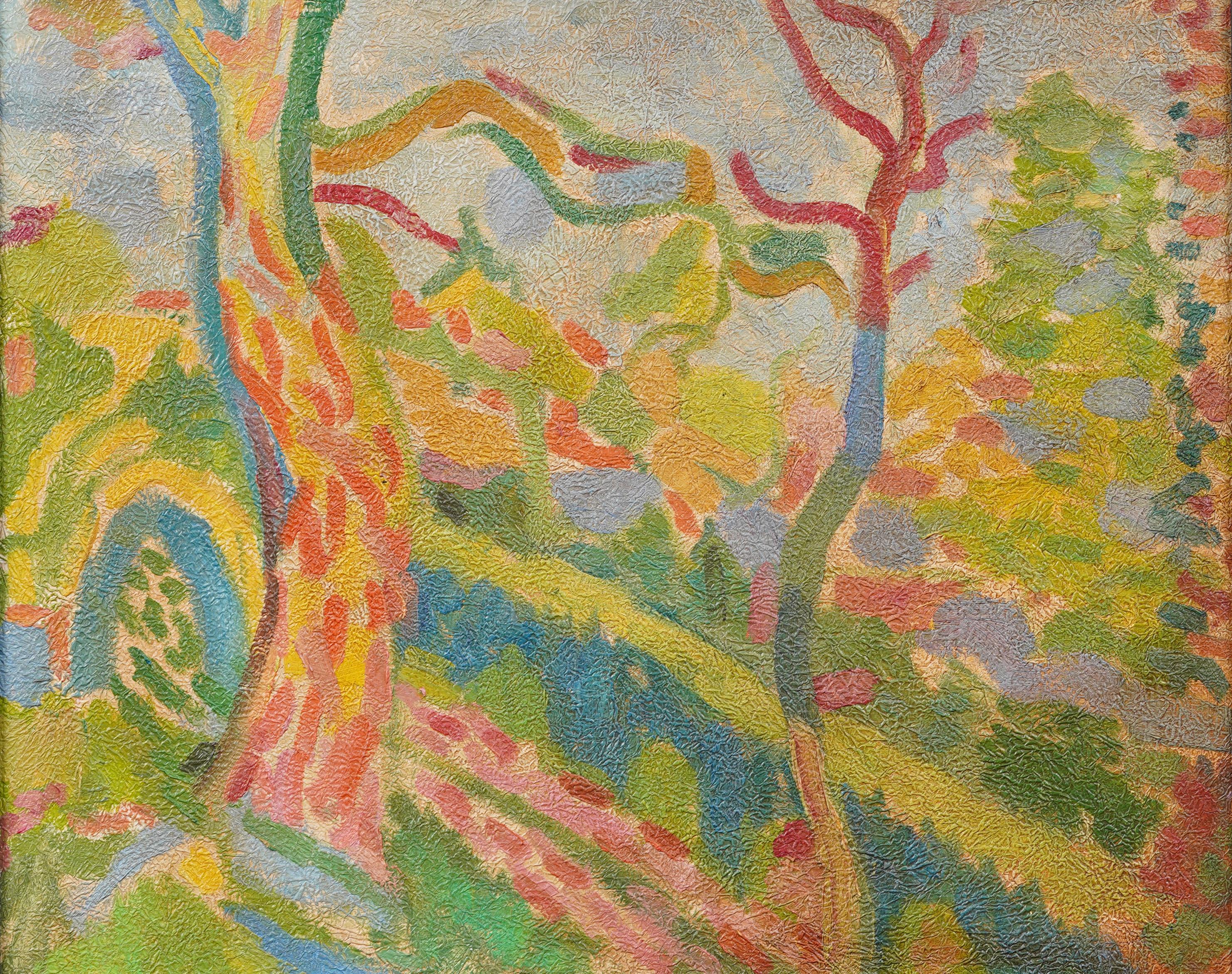 Antico dipinto ad olio di scuola americana modernista con cornice, paesaggio forestale fauvista - Painting Fauvismo di Unknown