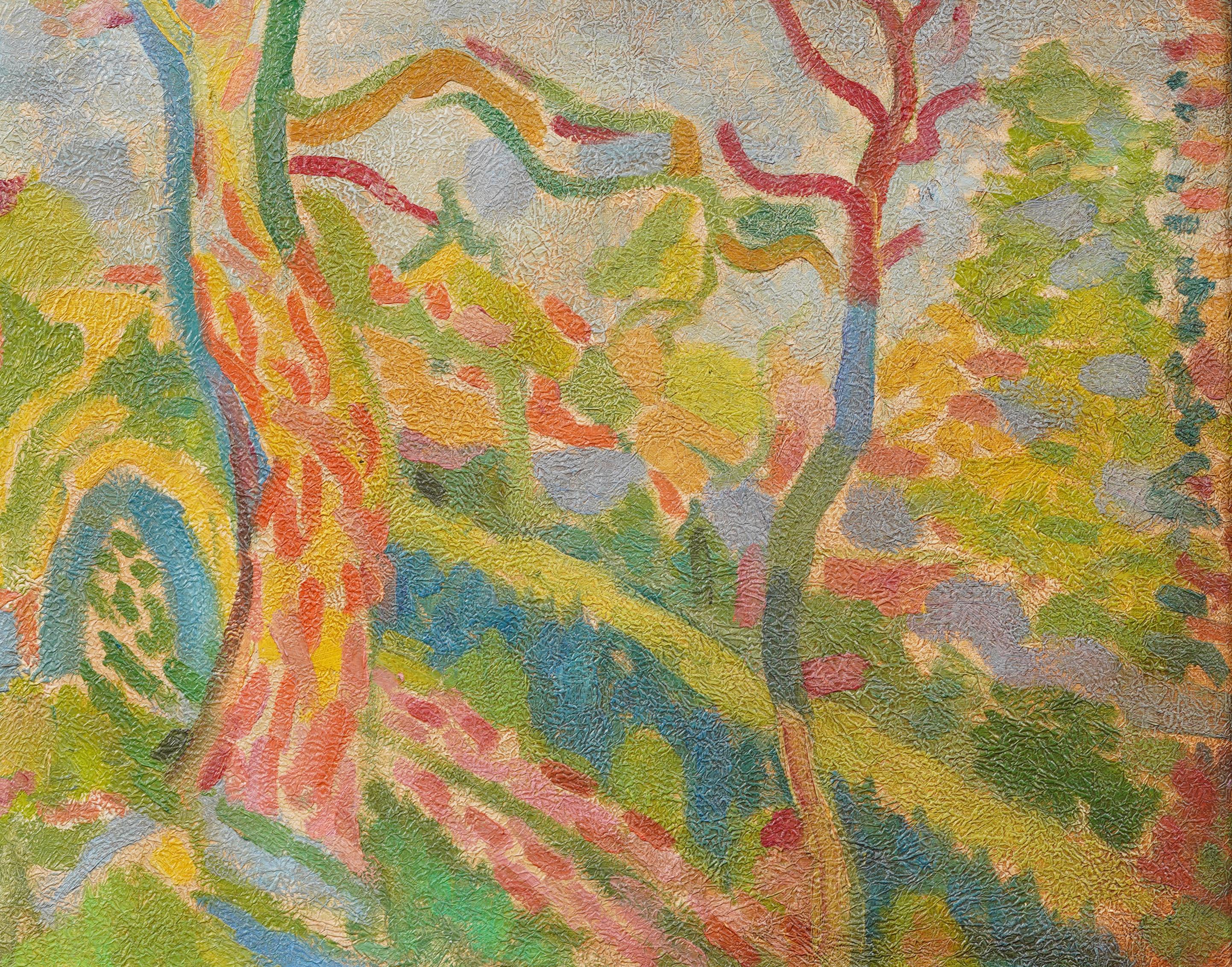 Antico dipinto ad olio di scuola americana modernista con cornice, paesaggio forestale fauvista - Landscape Painting Marrone di Unknown