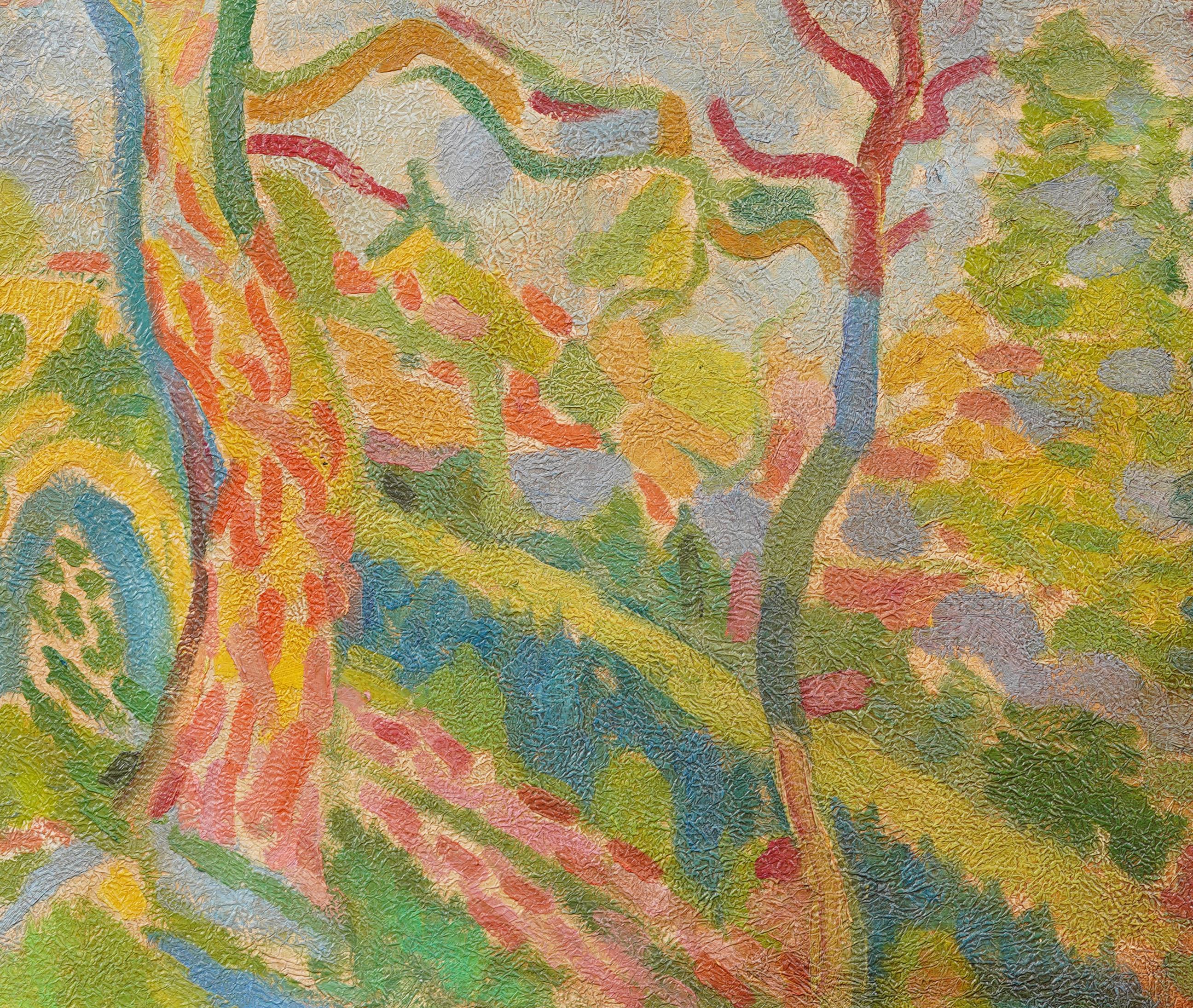 Antico dipinto ad olio di scuola americana modernista con cornice, paesaggio forestale fauvista in vendita 1