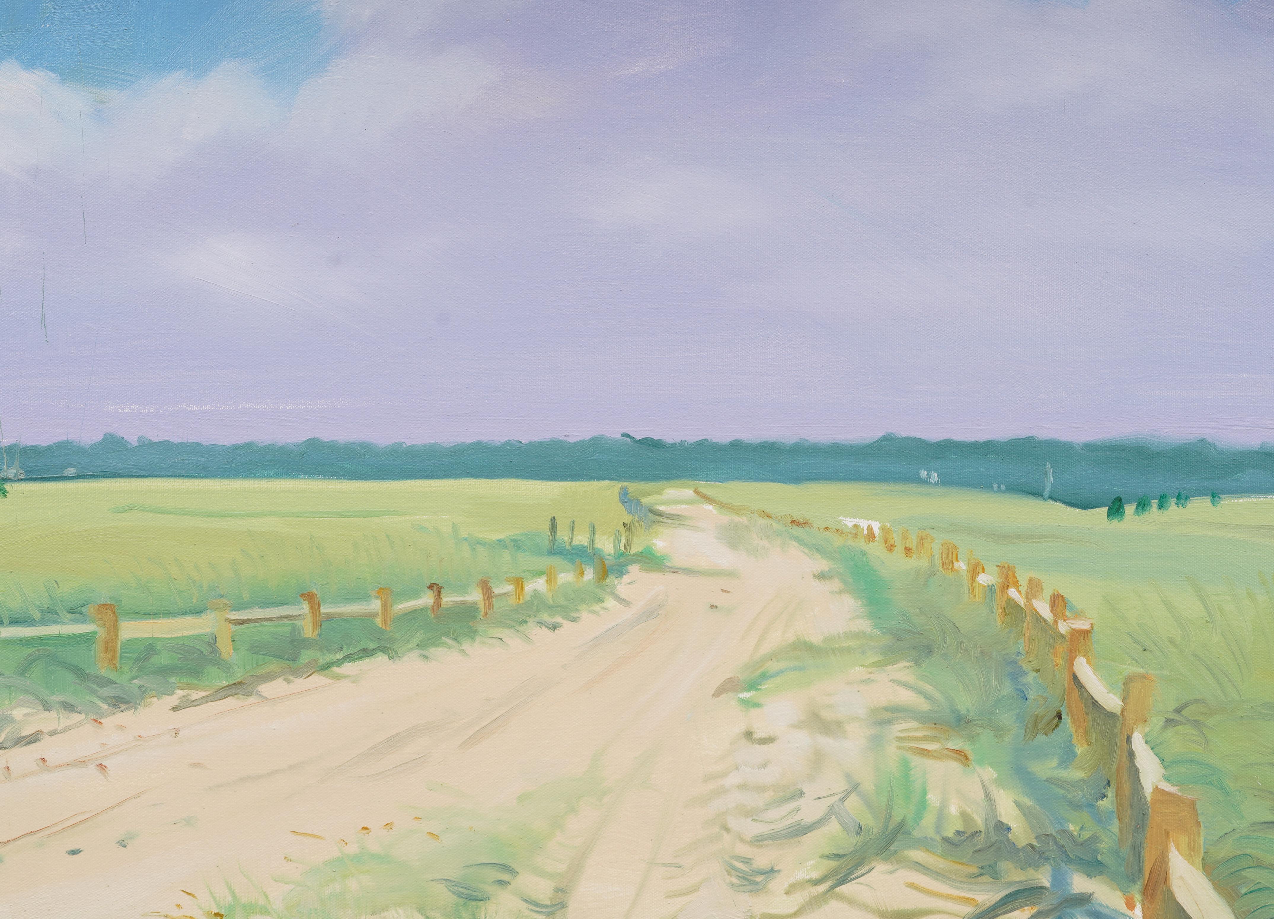 Antico dipinto a olio di scuola americana Modernista Hamptons New York Sandy Path Raro dipinto a olio - Landscape Painting Grigio di Unknown