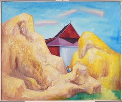 Antique American School Modernist Hay Barn Regionalist Farmer Oil Painting