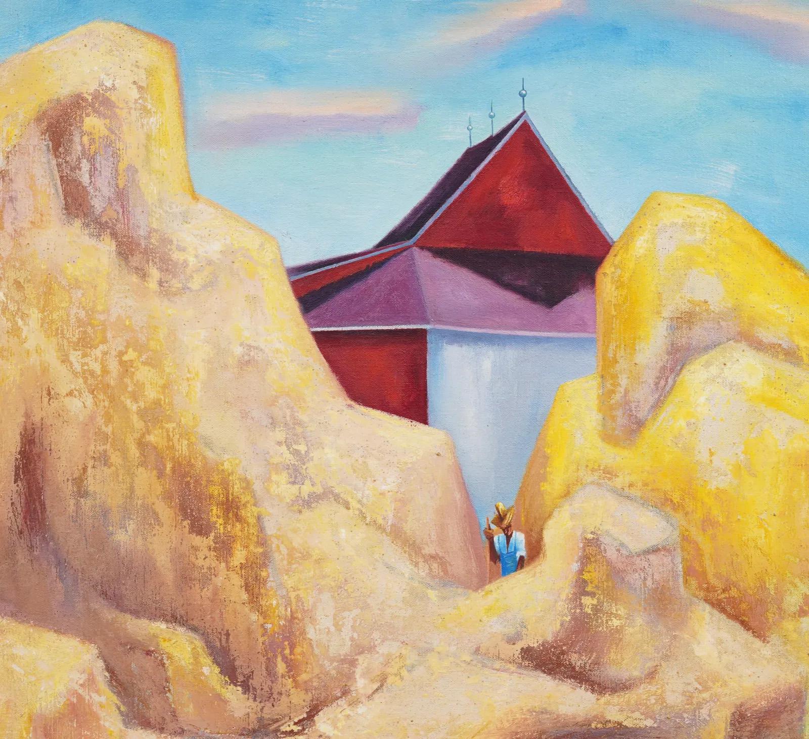 Antiguo cuadro al óleo de granjero regionalista modernista de la escuela americana Hay Barn - Landscape Painting Beige de Unknown
