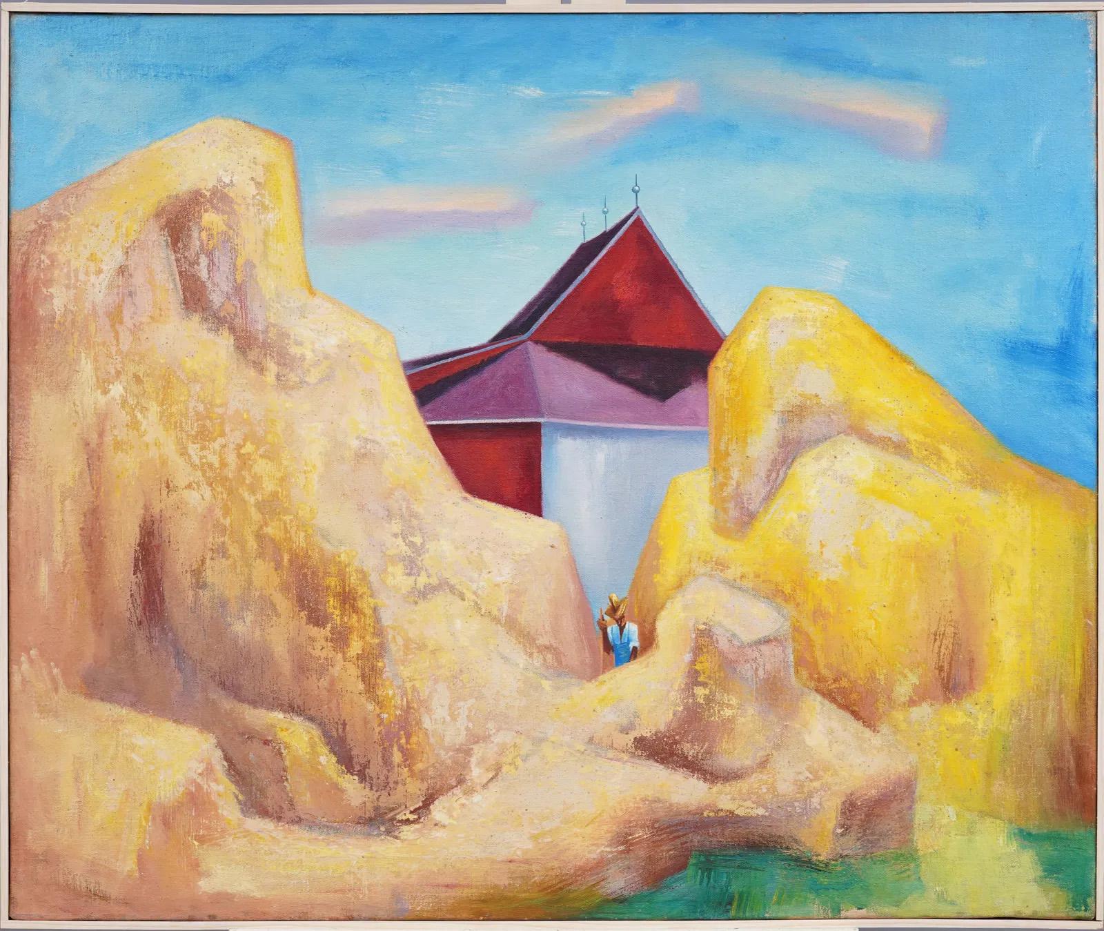 Landscape Painting de Unknown - Antiguo cuadro al óleo de granjero regionalista modernista de la escuela americana Hay Barn