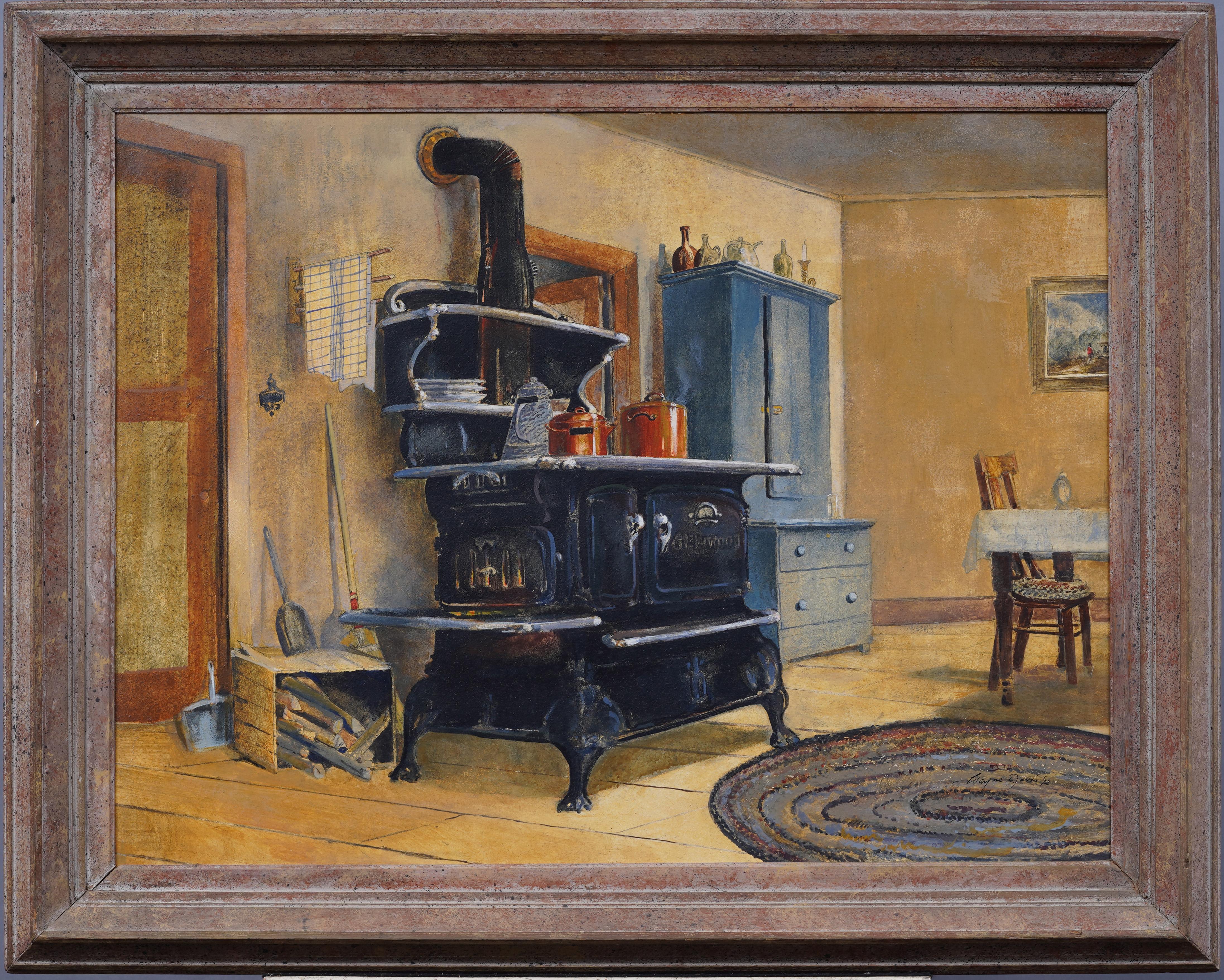 Antico Modernista di Scuola Americana Cucina Natura morta Scena d'interni Camino - Painting di Unknown