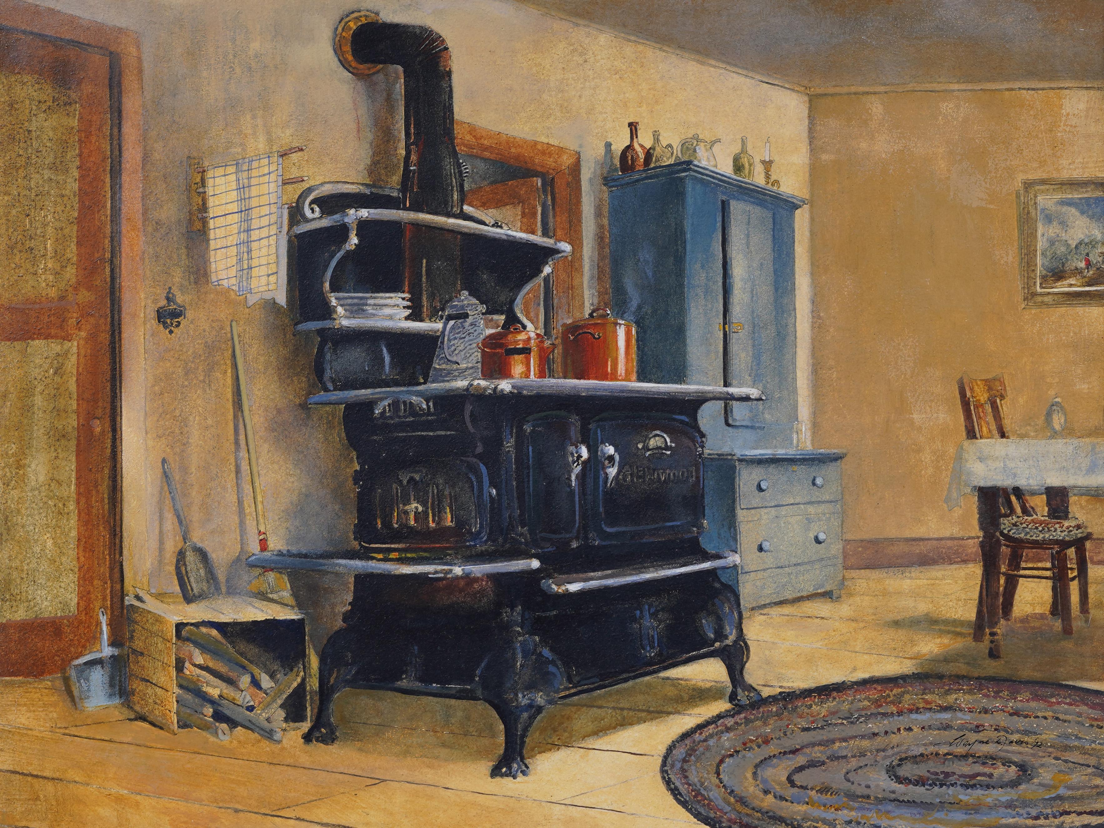 Antico Modernista di Scuola Americana Cucina Natura morta Scena d'interni Camino - Painting Moderno di Unknown