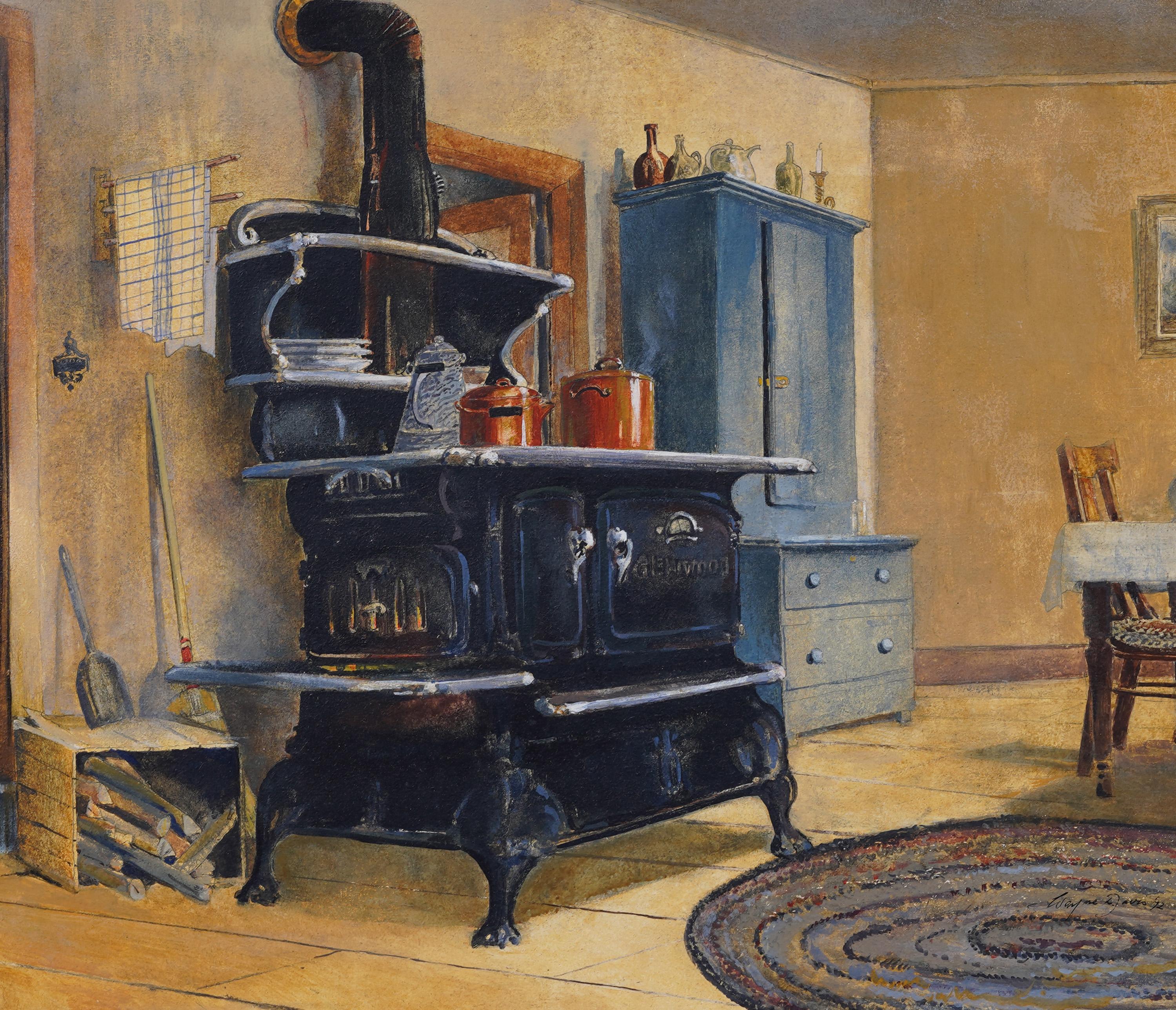 Antico Modernista di Scuola Americana Cucina Natura morta Scena d'interni Camino - Interior Painting Marrone di Unknown