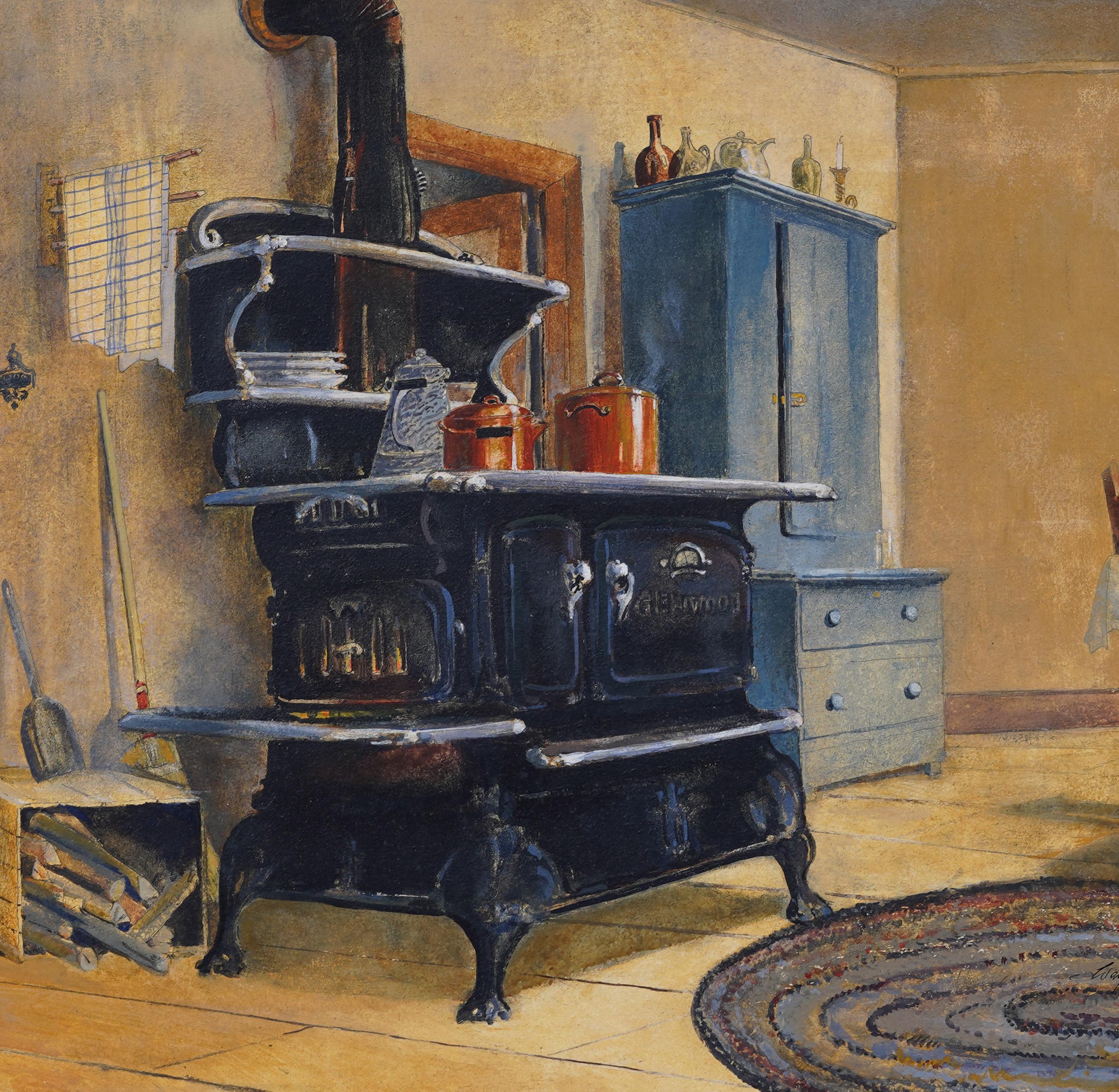 Impressionante dipinto a olio di scena d'interni del primo modernismo americano.  Incorniciato.  Olio su tavola.  Firmato sul retro.  Dimensioni dell'immagine: 20 x 27 pollici.  