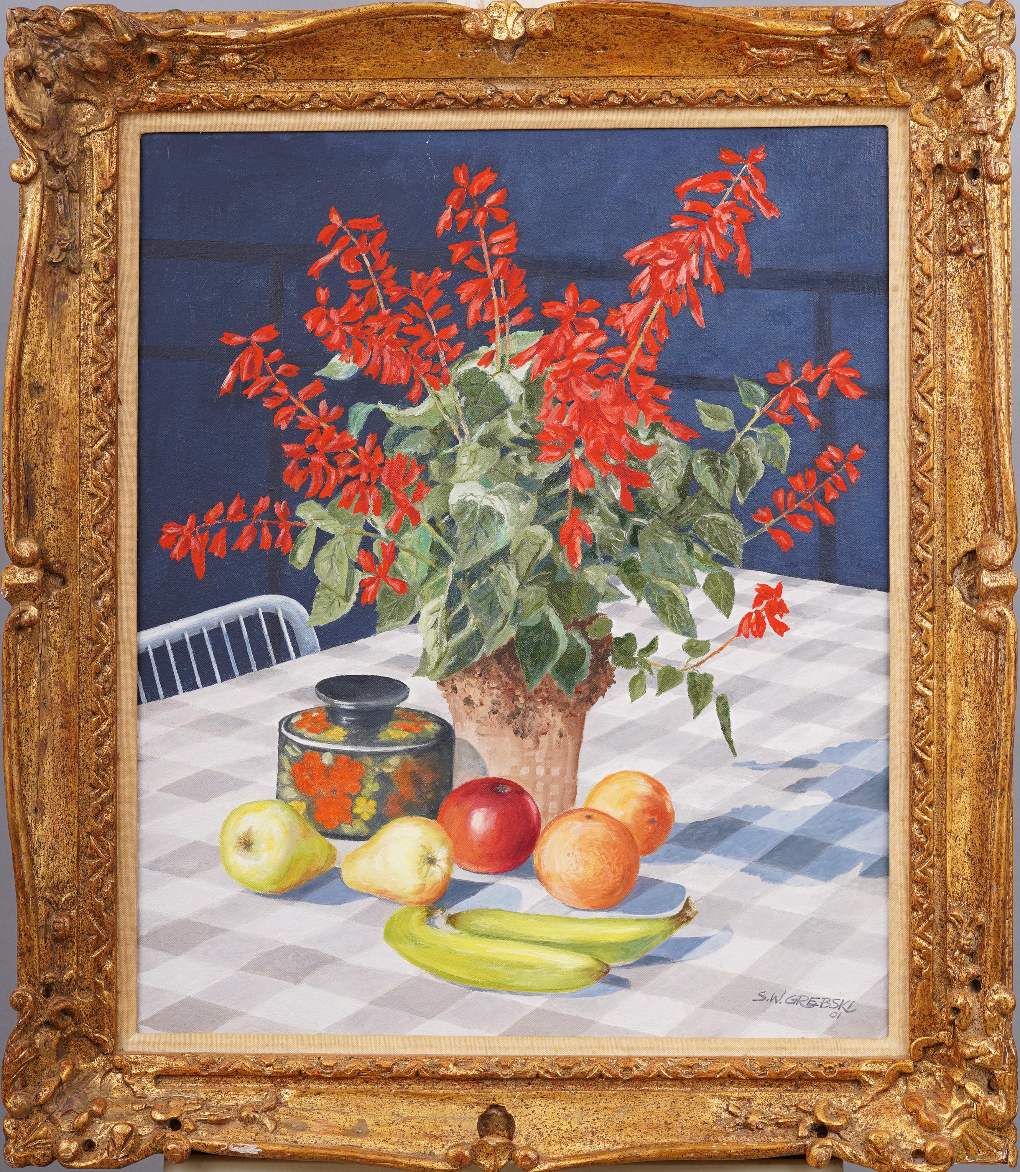 Peinture à l'huile ancienne de l'école américaine moderniste sur une table de cuisine et une nature morte de fleurs