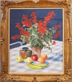 Antiguo cuadro al óleo de la Escuela Americana Modernista Mesa de cocina Bodegón de flores