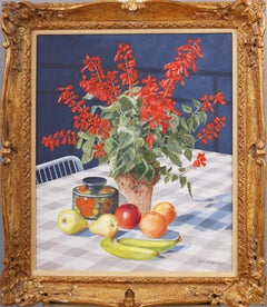 Antique American School Modernist Kitchen Table Flower Still Life Oil Painting