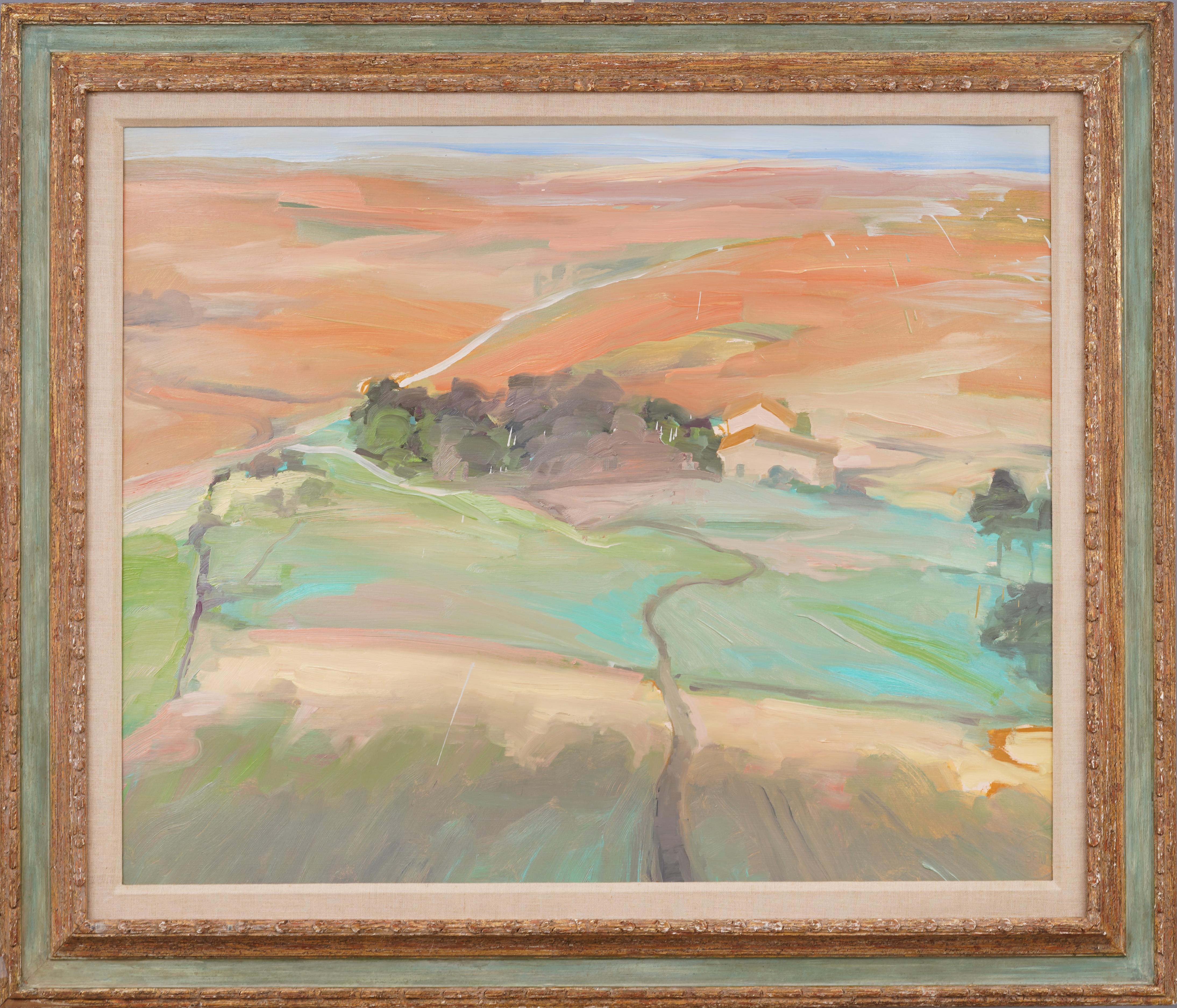 Unknown Abstract Painting - Antique American School Modernist Landscape California Farm Framed Oil Painting