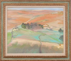 Ancienne peinture à l'huile moderniste d'une école américaine, paysage de ferme californienne encadrée
