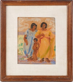 Antique American School Modernist Landscape Signed Western Oil on Paper