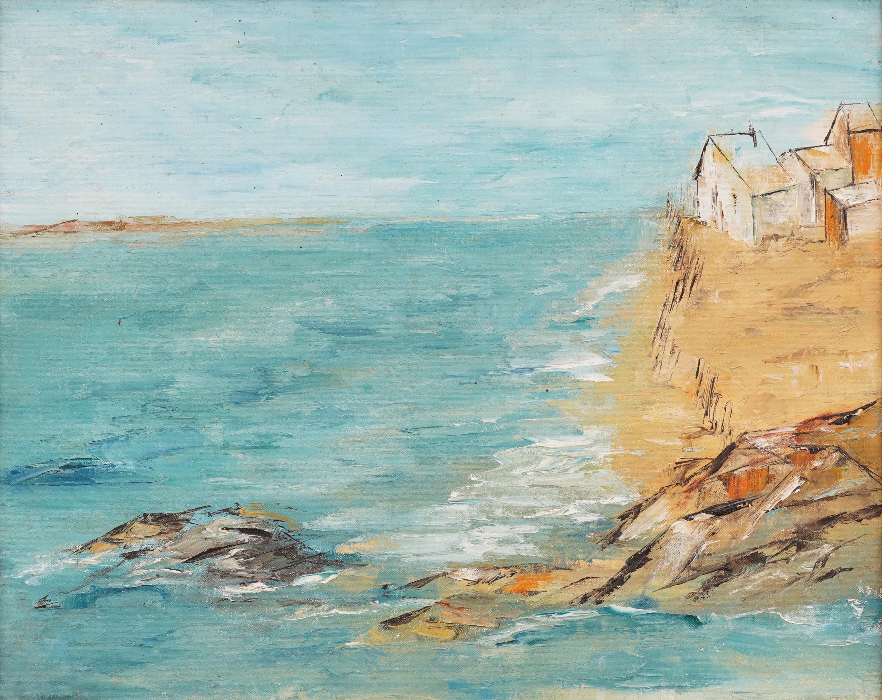 Ancienne peinture à l'huile moderniste de l'école américaine de Long Island Hamptons représentant une scène de plage - Moderne Painting par Unknown
