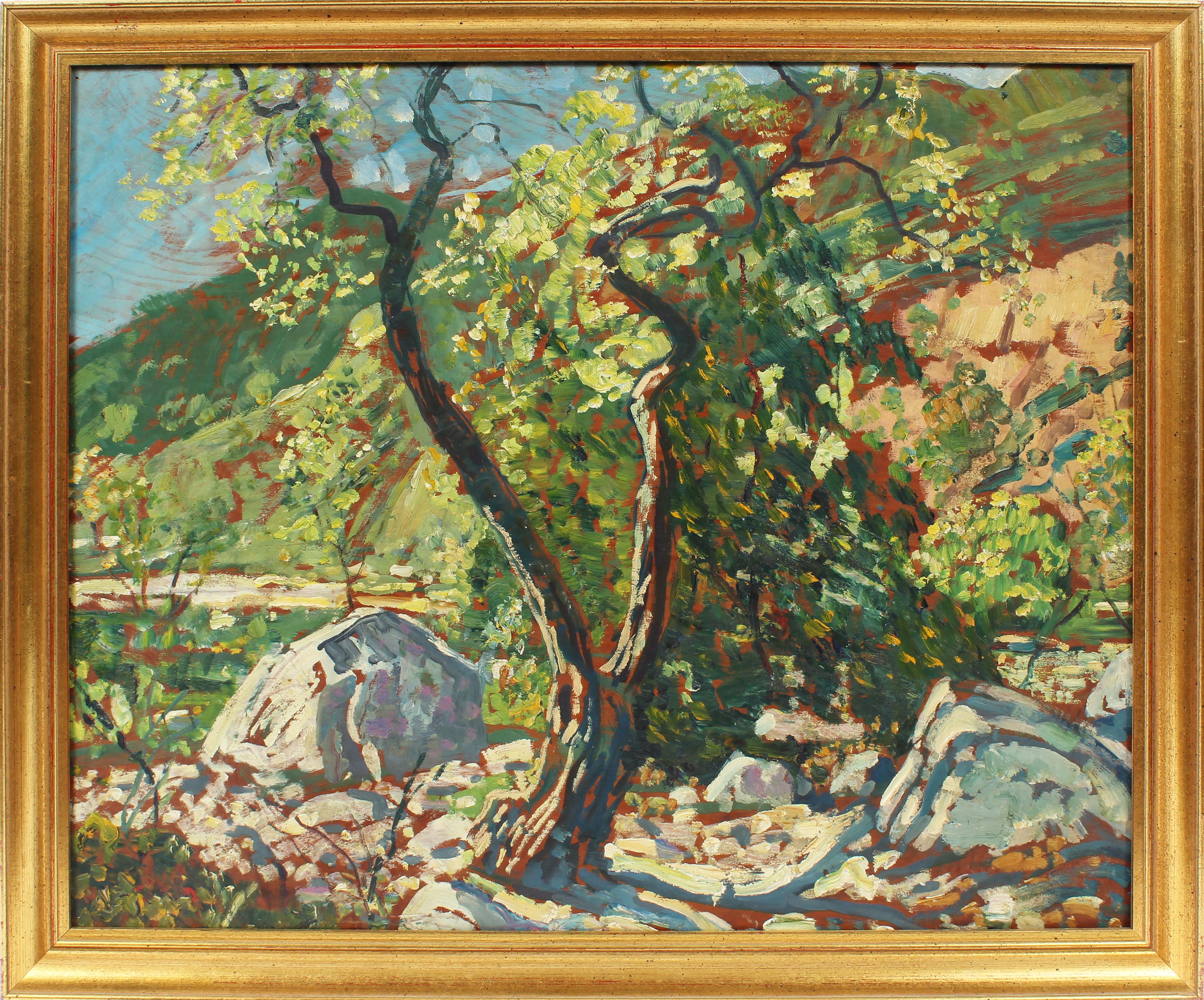 Unknown Landscape Painting – Antique American School Modernist Mountain River Landscape Oil Painting 