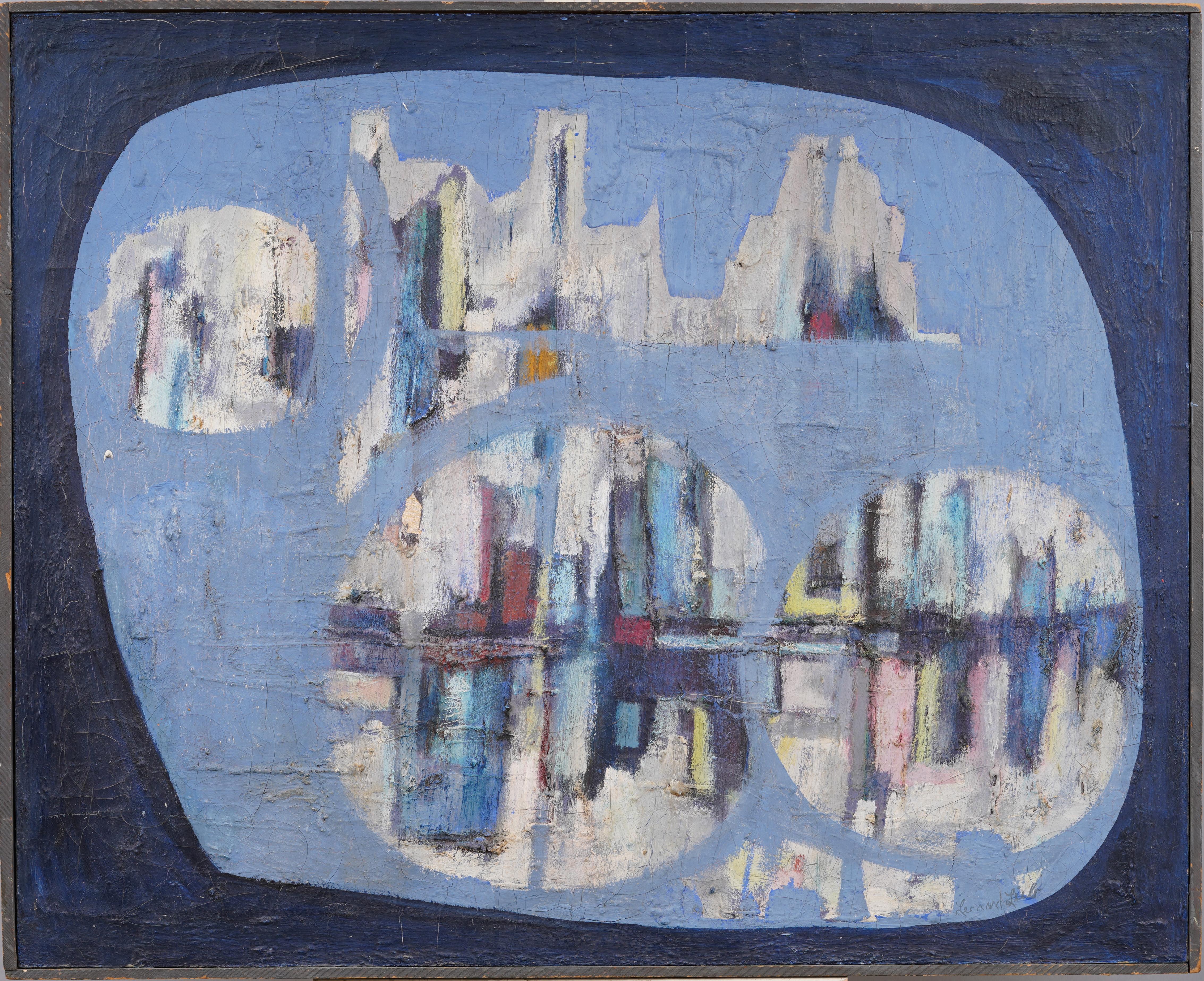 Antikes abstraktes Ölgemälde der amerikanischen Schule, modernistische nautische Stadtlandschaft, abstrakt (Moderne), Painting, von Unknown