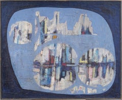 Vintage American School Modernist Nautical Cityscape Abstract Oil Painting