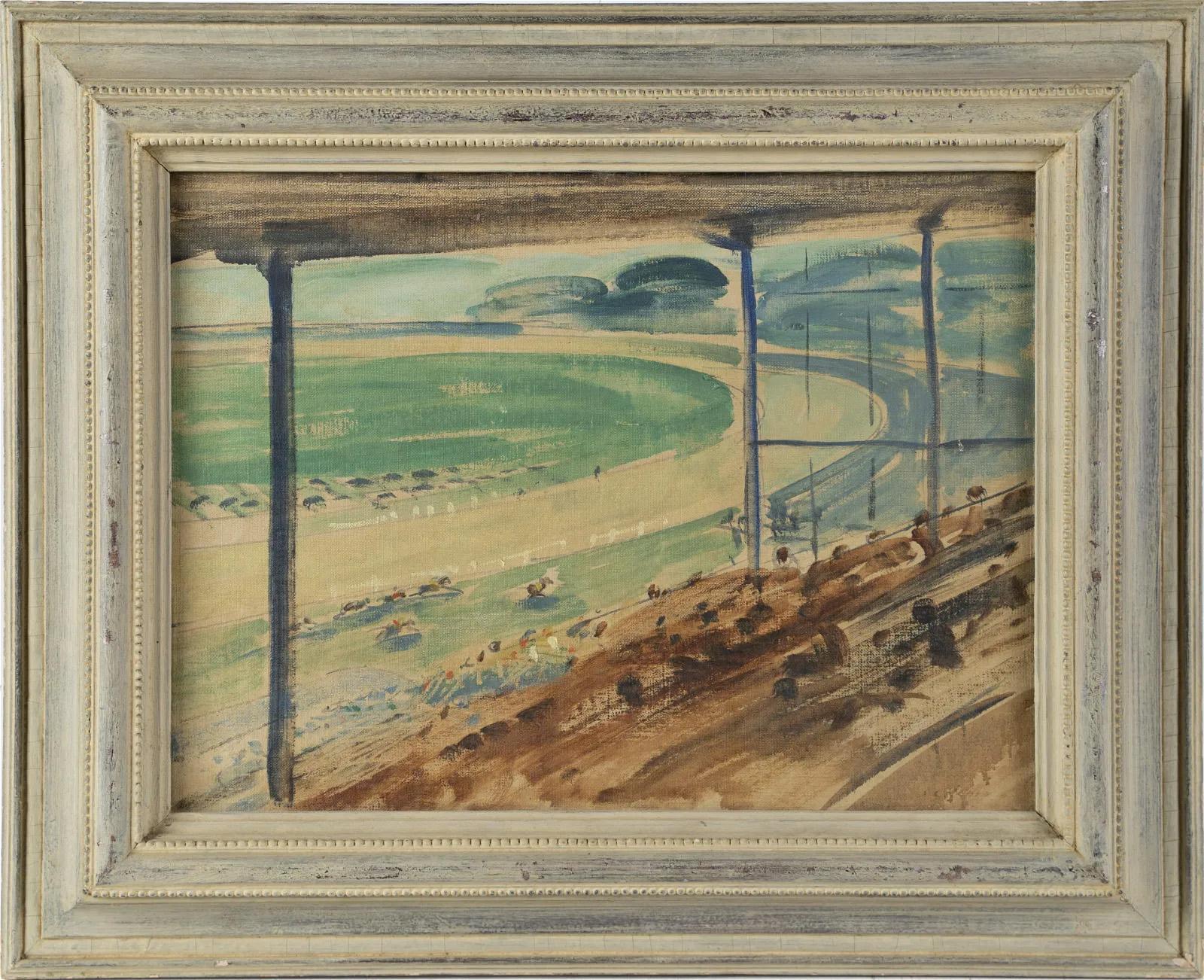 Nicely painted modernist horserace scene.  Finely framed.  Oil on board.  Framed.  Image size, 12H x 16L.  Signed.