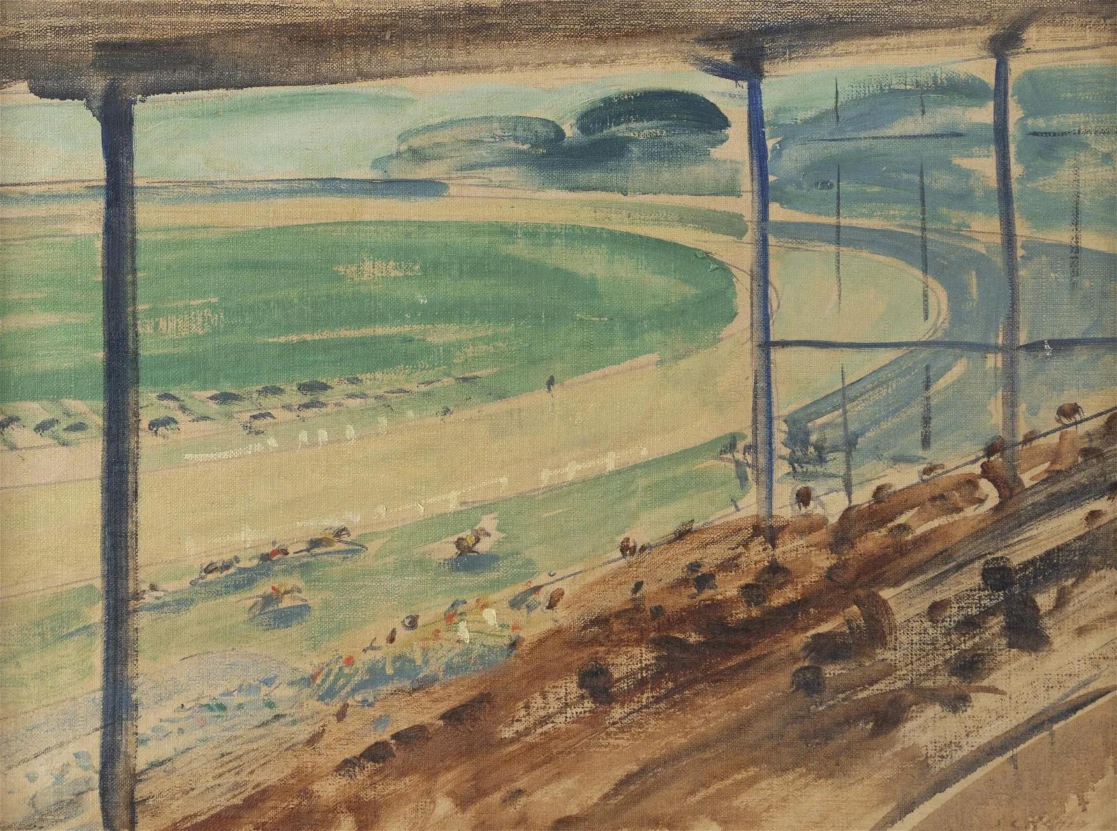 Antique American School Modernist Racetrack Horse Portrait Landscape  Painting For Sale 2