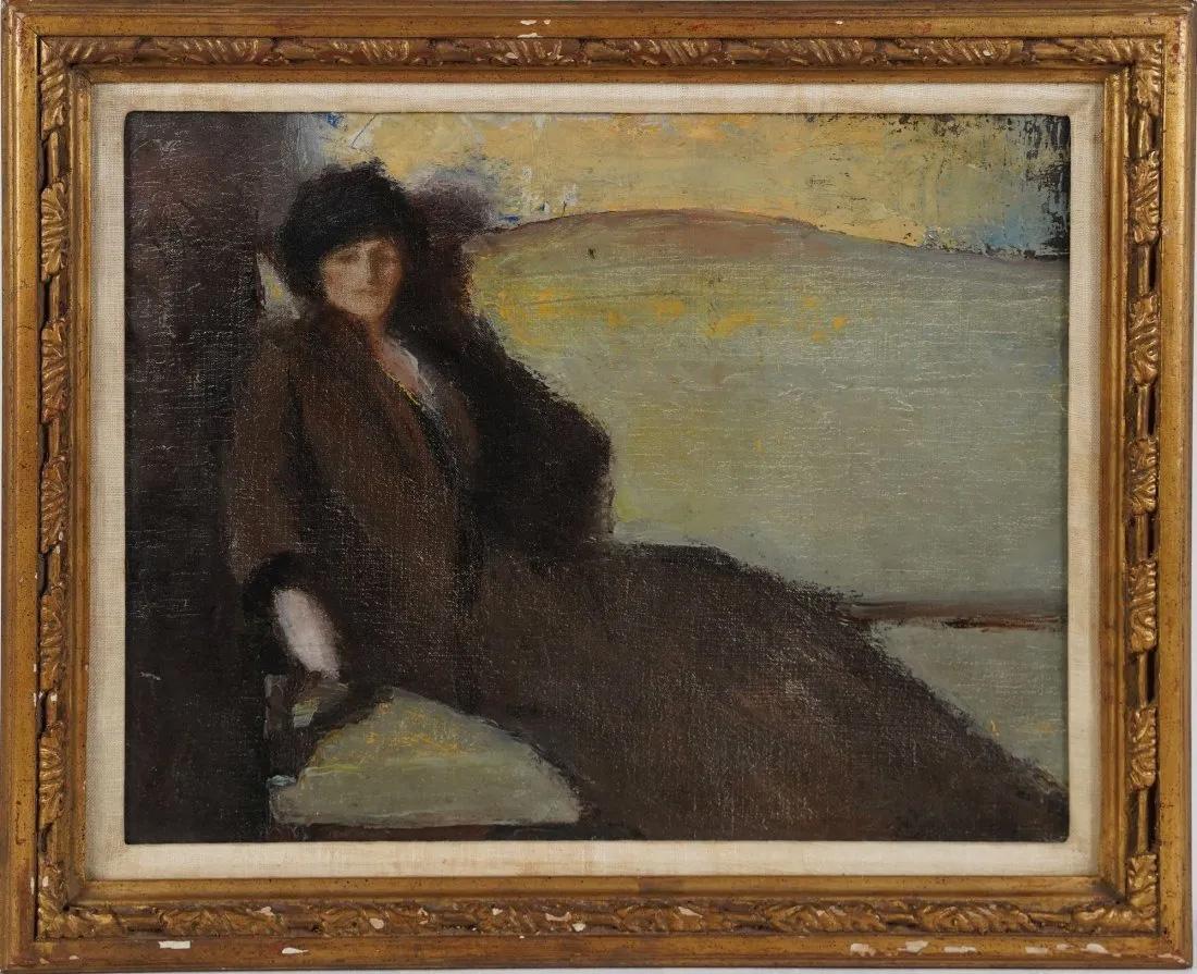 Antiguo cuadro al óleo retrato de mujer reclinada de la escuela modernista americana enmarcado - Painting de Unknown