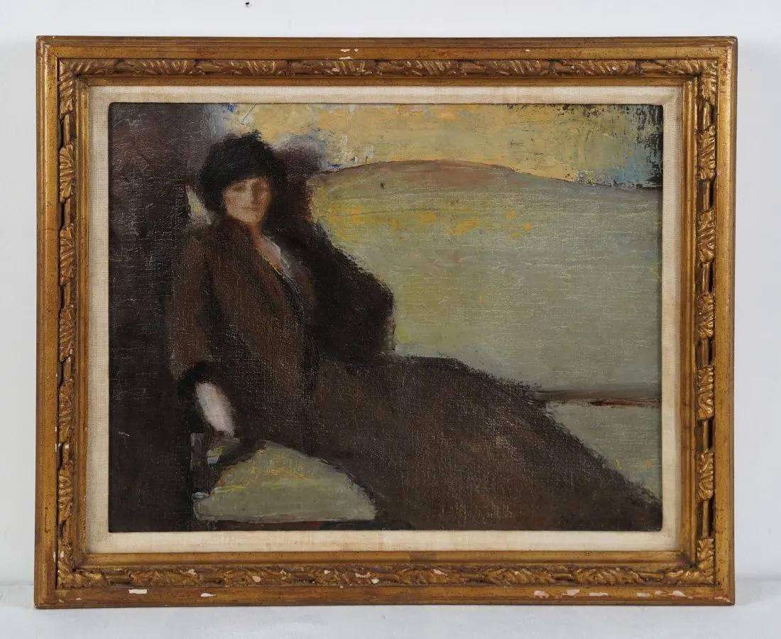 Antiguo cuadro al óleo retrato de mujer reclinada de la escuela modernista americana enmarcado - Painting Moderno de Unknown