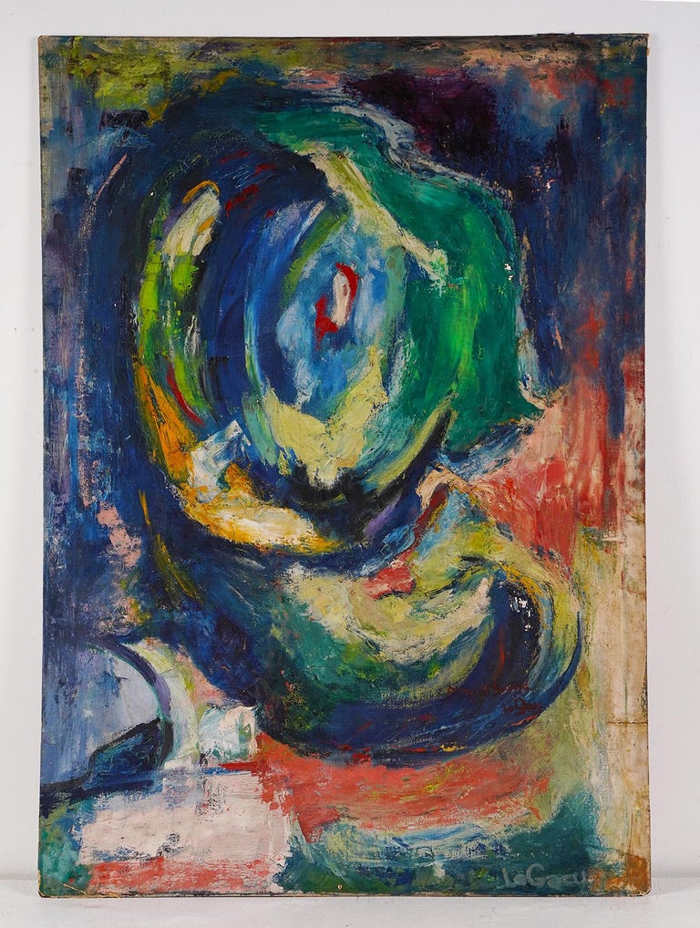 Antique American school modernist abstract painting.  Oil on board, circa 1960.  Signed. 
 