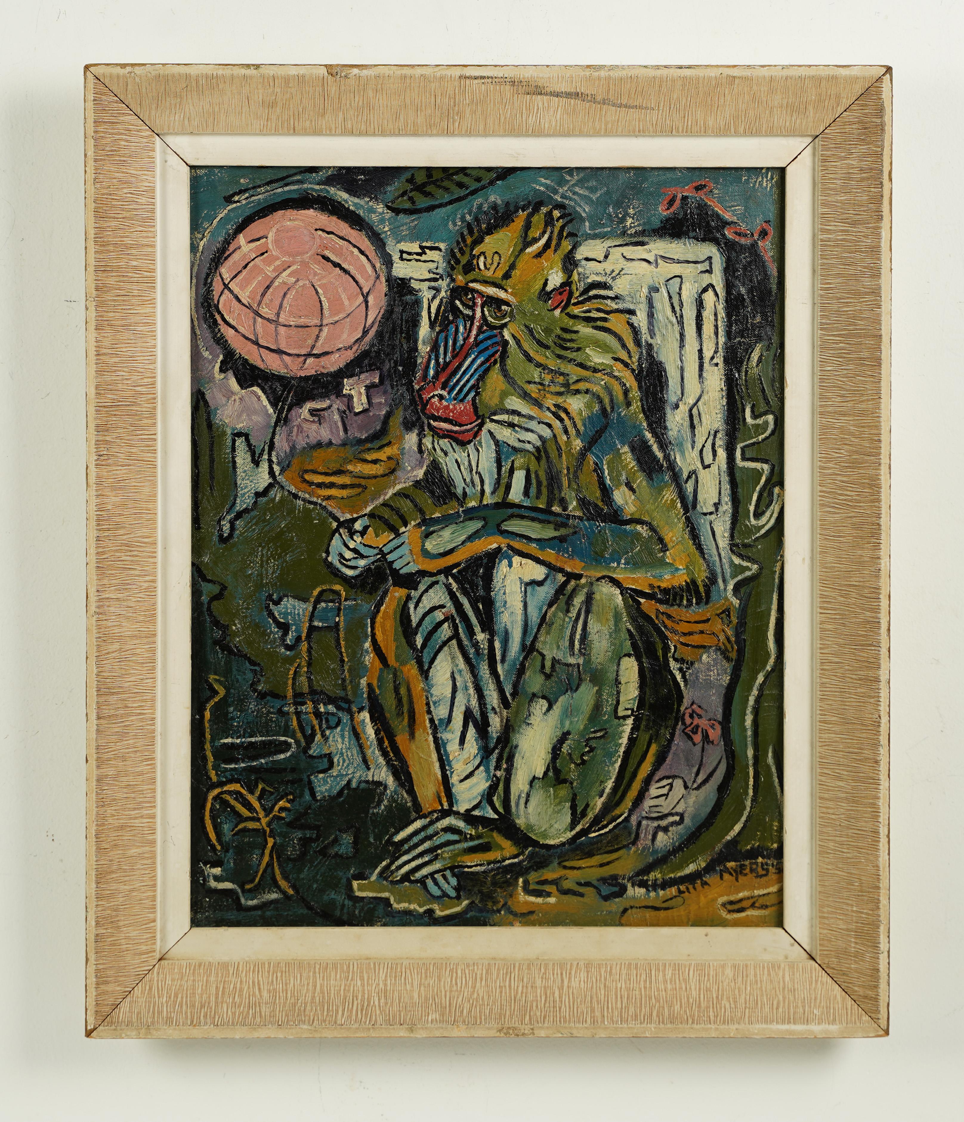  Antikes, gerahmtes Ölgemälde der amerikanischen Schule, signiert Baboon, Mid-Century (Moderne), Painting, von Unknown