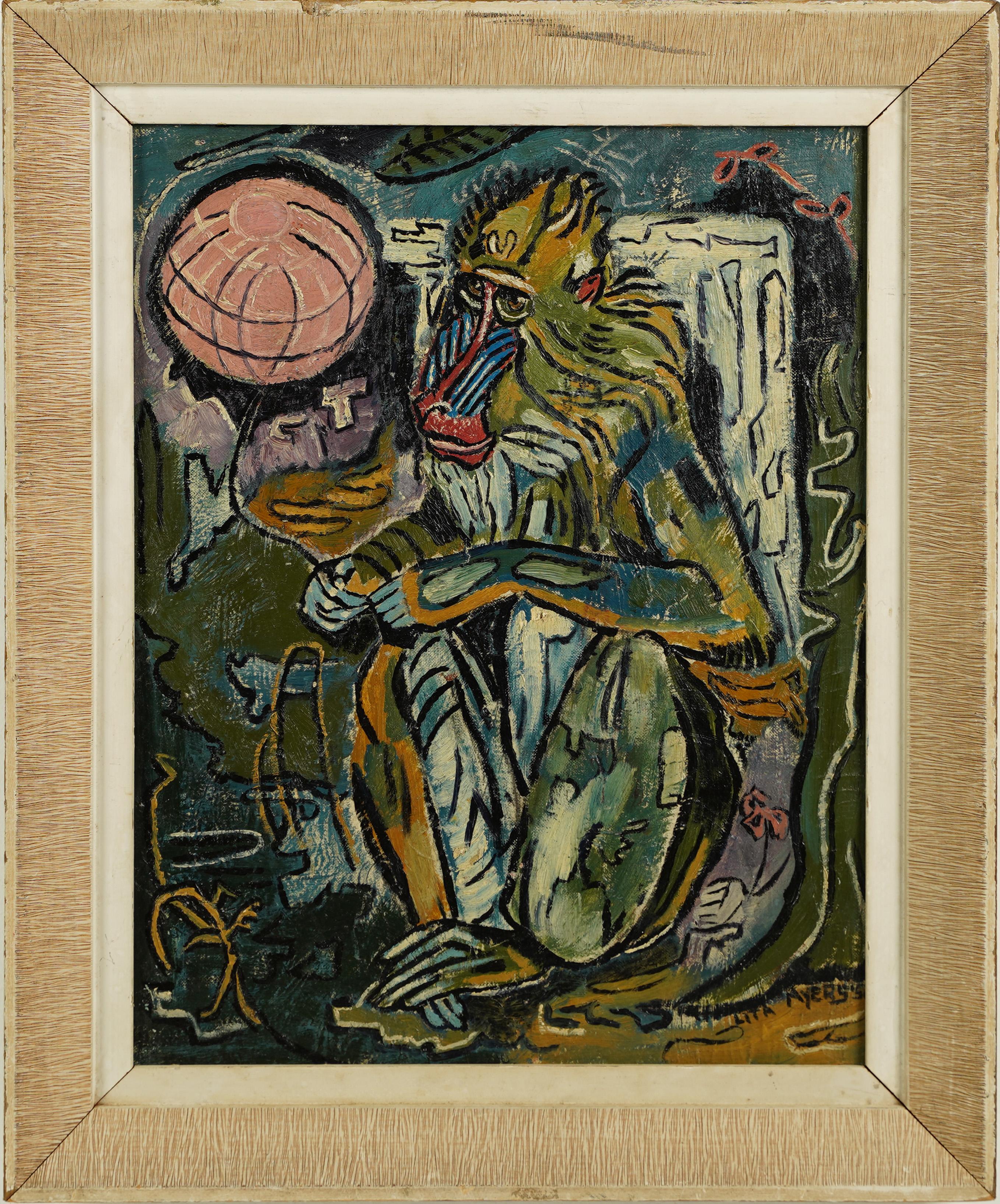 Unknown Animal Painting –  Antikes, gerahmtes Ölgemälde der amerikanischen Schule, signiert Baboon, Mid-Century