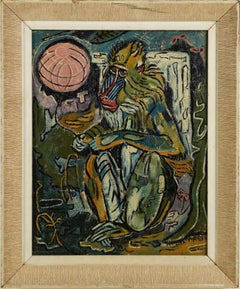 Antique American School Modernist Signed Baboon Framed Mid Century Oil Painting