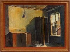 Ancienne peinture à l'huile de l'école américaine moderniste signée représentant une scène d'intérieur encadrée