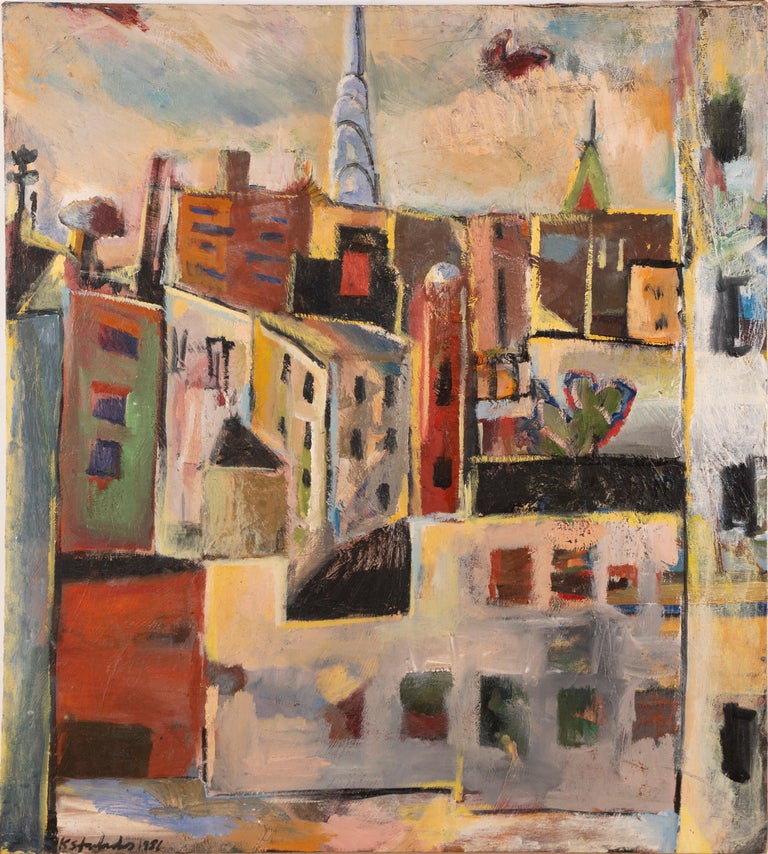 Vintage American school modernist New York City painting.  Oil on canvas, circa 1981.  Signed illegibly.  Image size, 32L x 30H.  