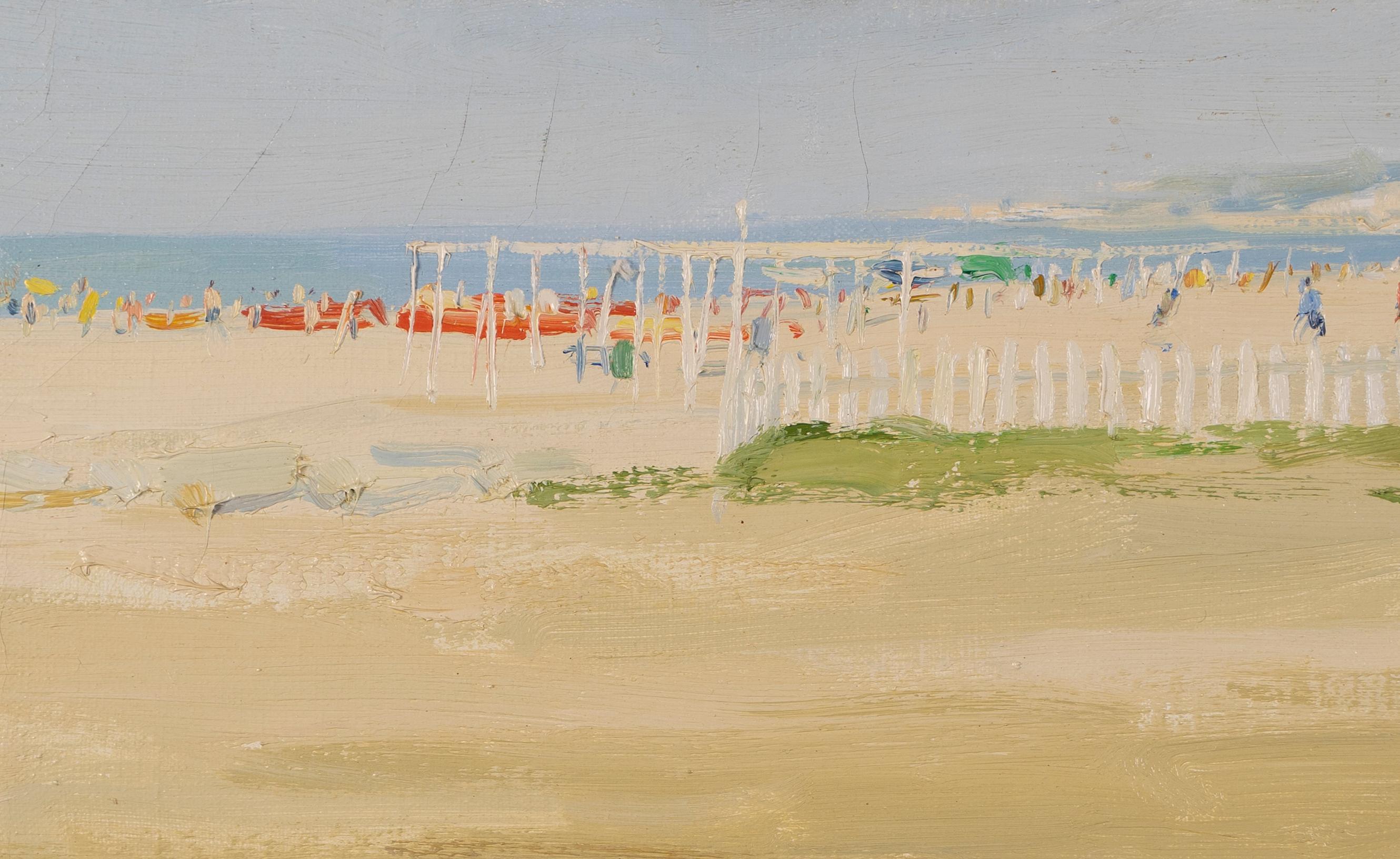 Antique American School Modernist Signed Seascape Beach Scene Oil Painting 1