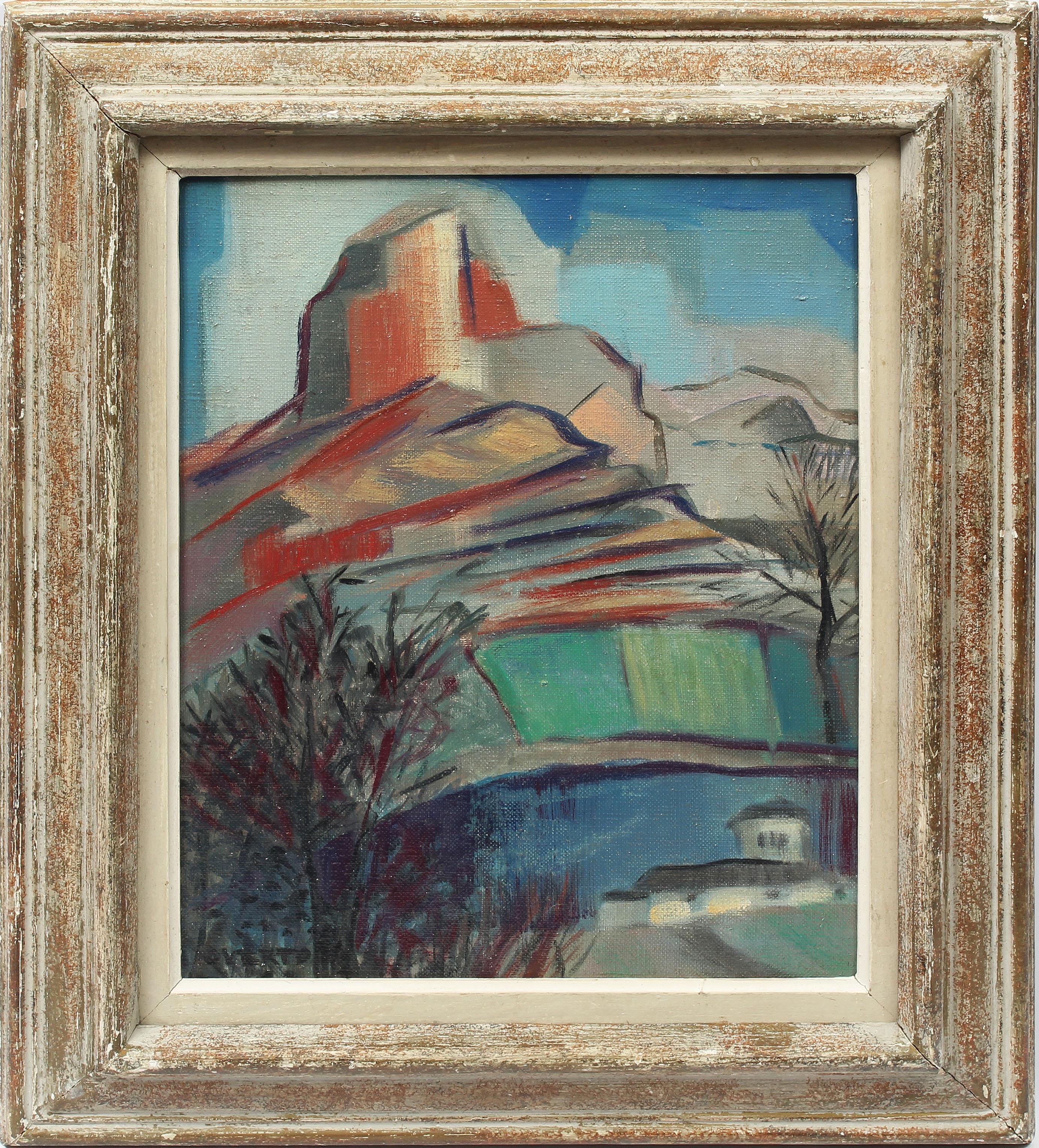 Landscape Painting Unknown - Ancienne peinture à l'huile de paysage du désert signée de l'école américaine moderniste du Sud-Ouest