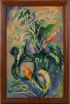 Antique American School Modernist Still Life Flower Signed Original Oil Painting