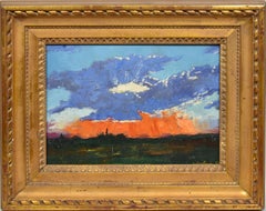 Antique American School Modernist Sunset Landscape Signed Original Oil Painting