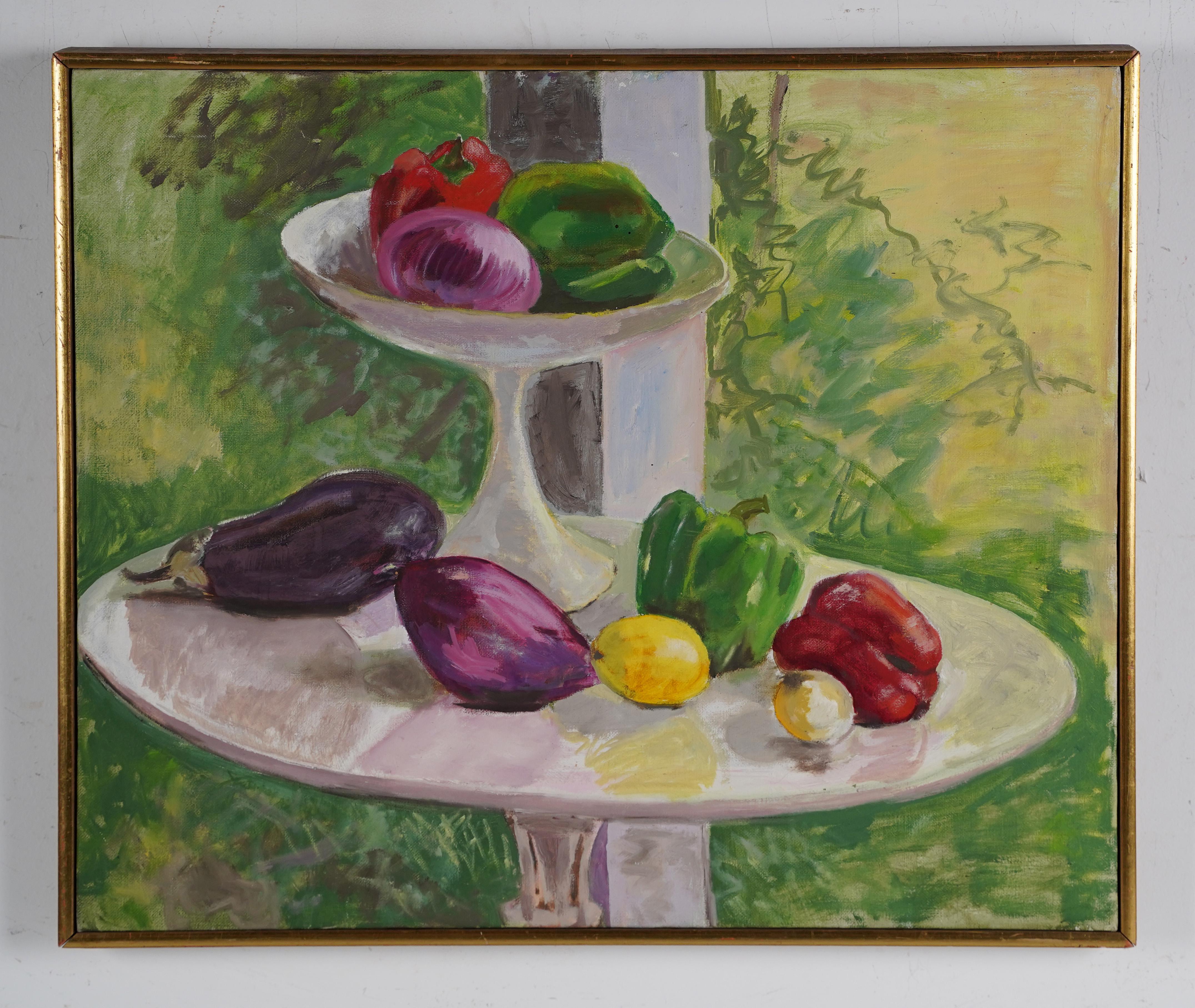 Nature morte de jardin à légumes de l'ancienne école américaine moderniste, peinture à l'huile - Moderne Painting par Unknown