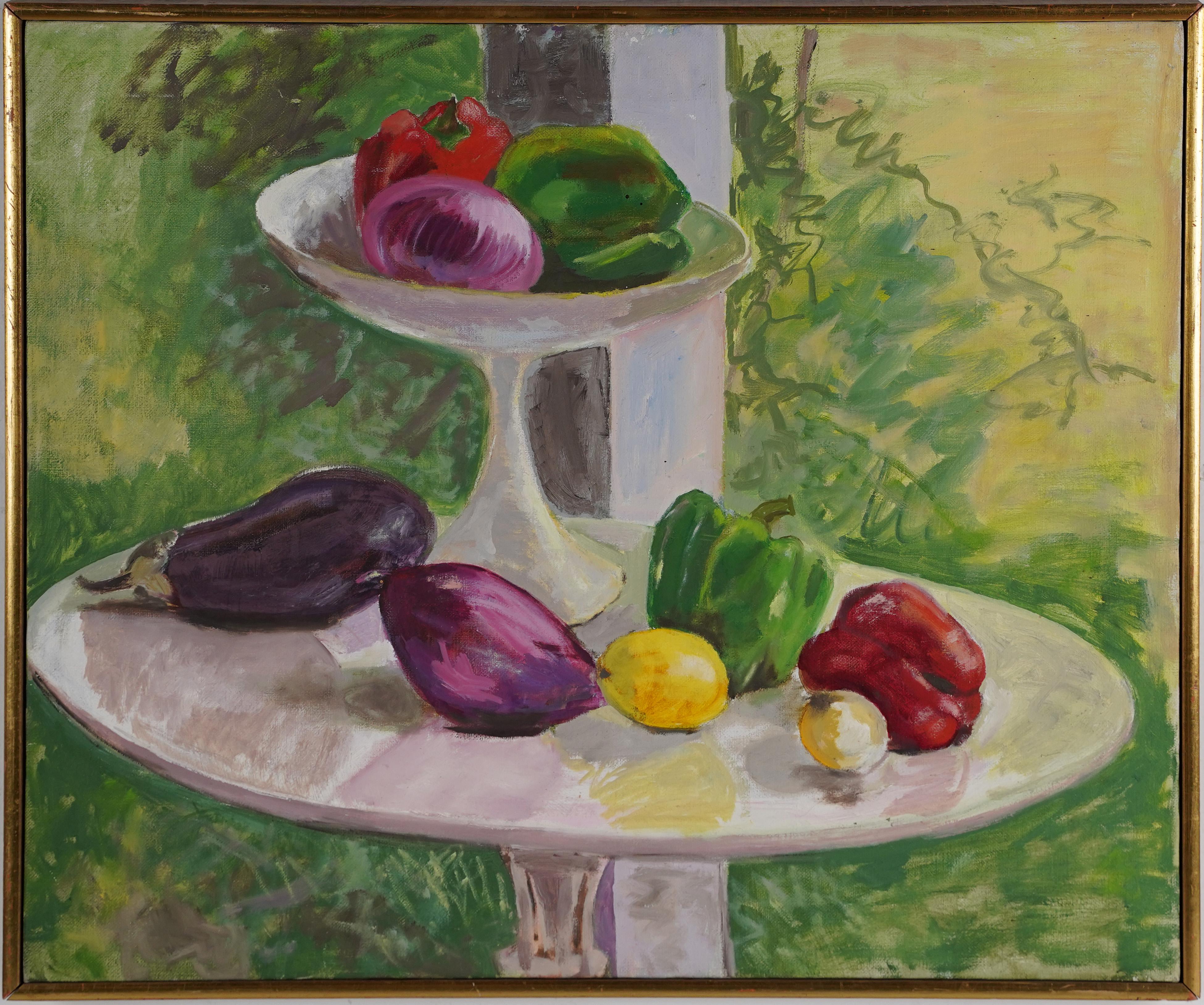 Abstract Painting Unknown - Nature morte de jardin à légumes de l'ancienne école américaine moderniste, peinture à l'huile